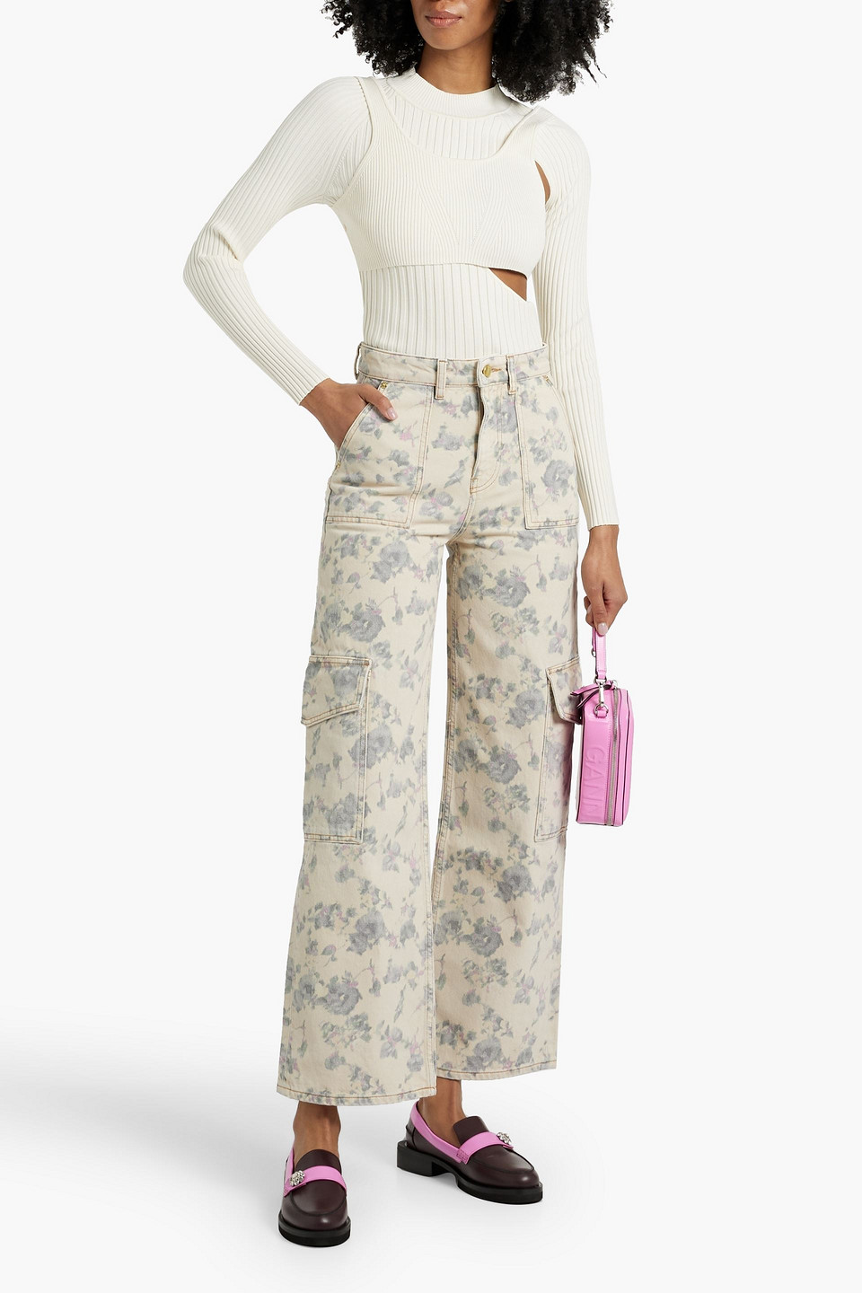  Ganni - Angi Cargojeans Mit Floralem Print - Weiß - 29 