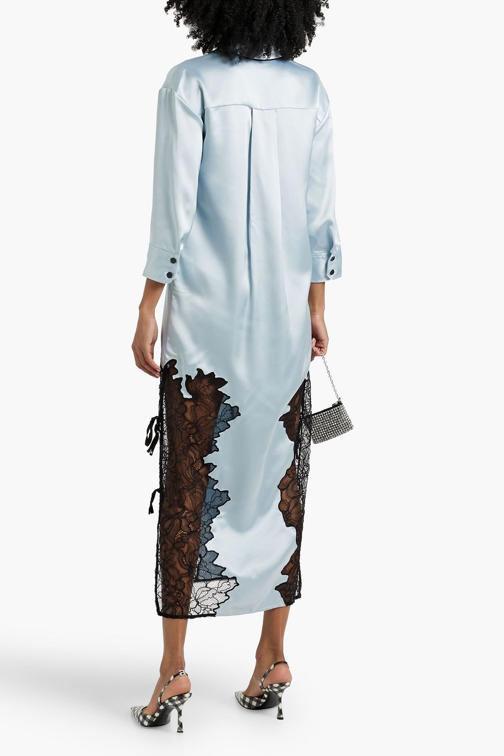 GANNI Lace-paneled satin midi shirt dress