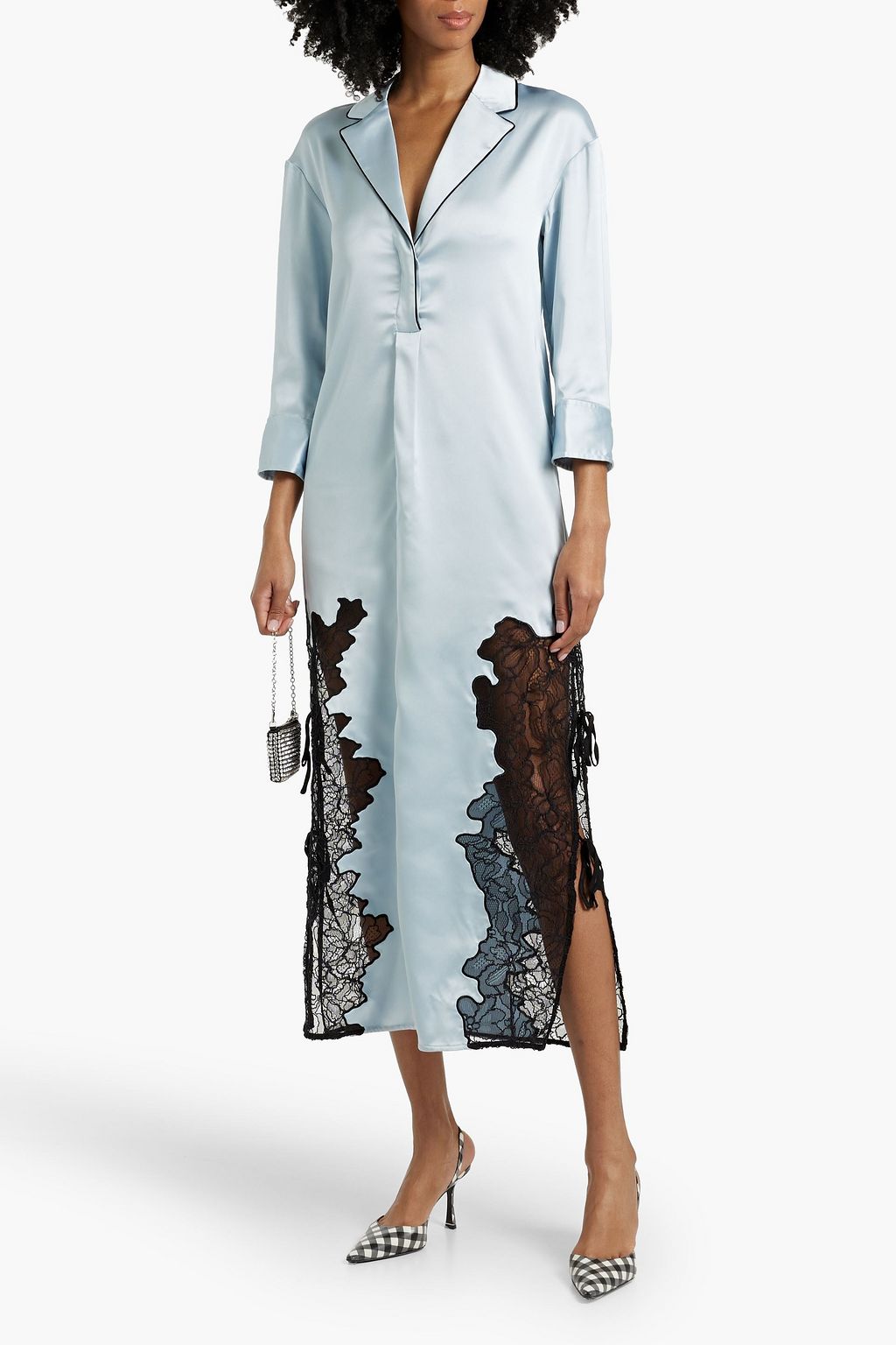 GANNI Lace-paneled satin midi shirt dress