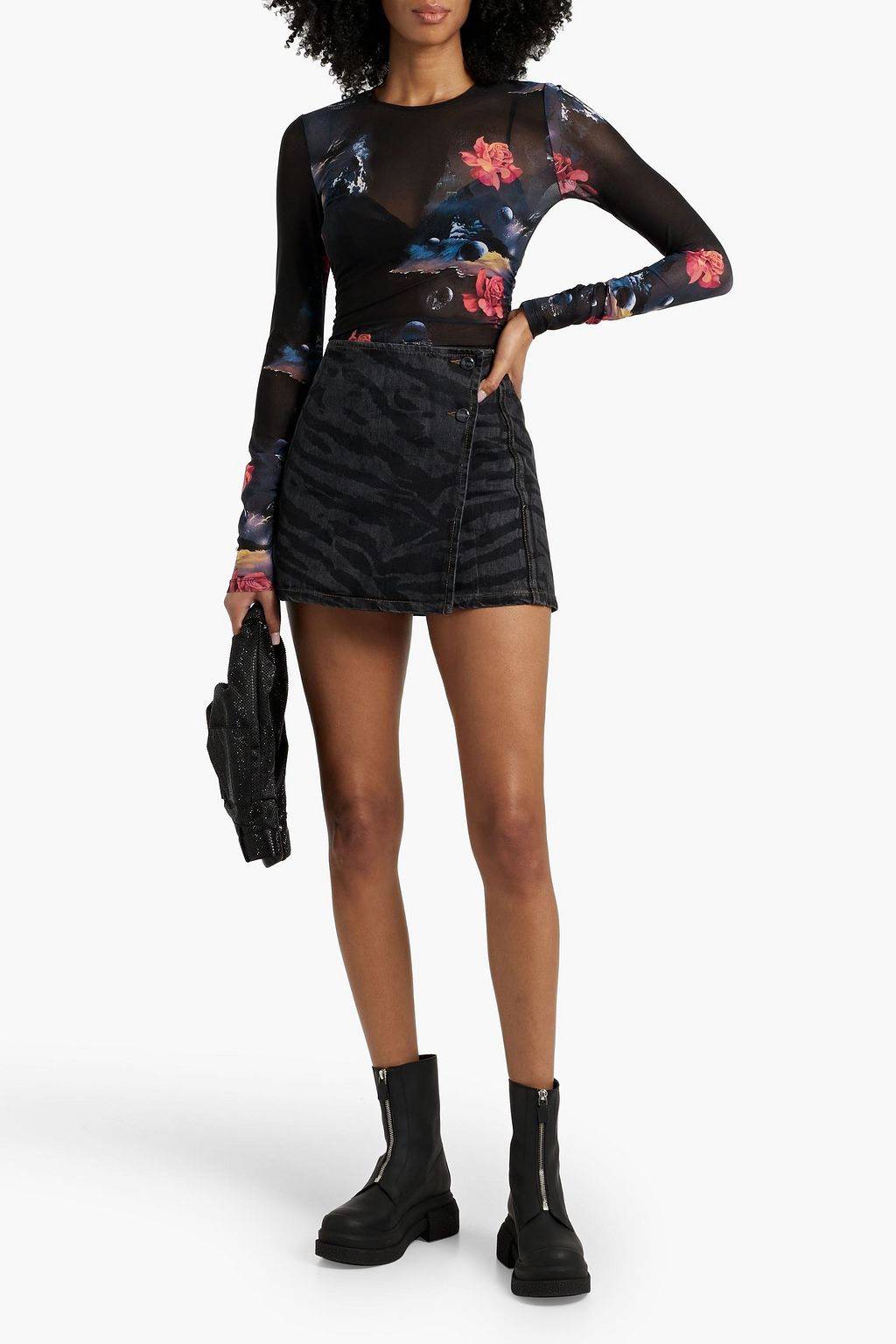 GANNI Tiger-print denim mini wrap skirt