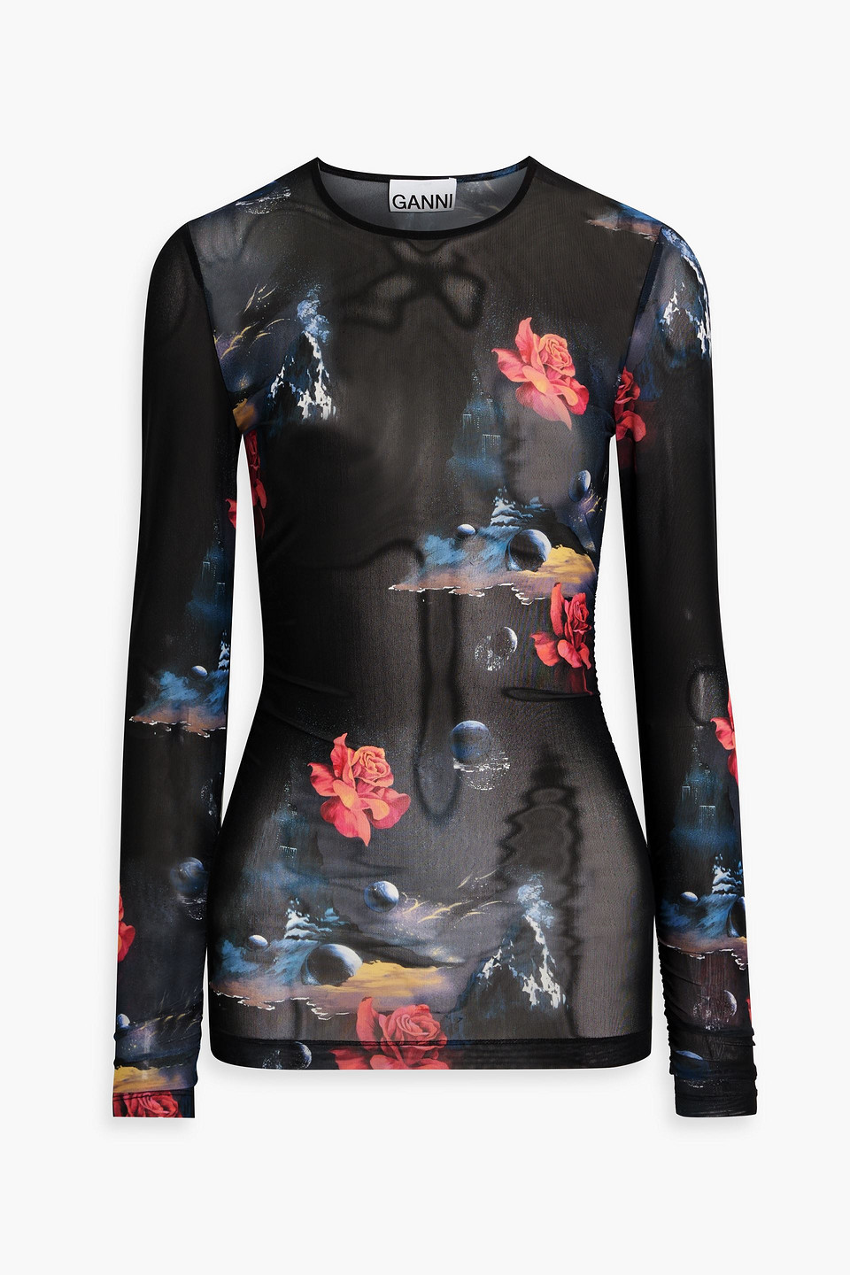Ganni Printed Mesh Long Sleeve Gathered Blouse In Black