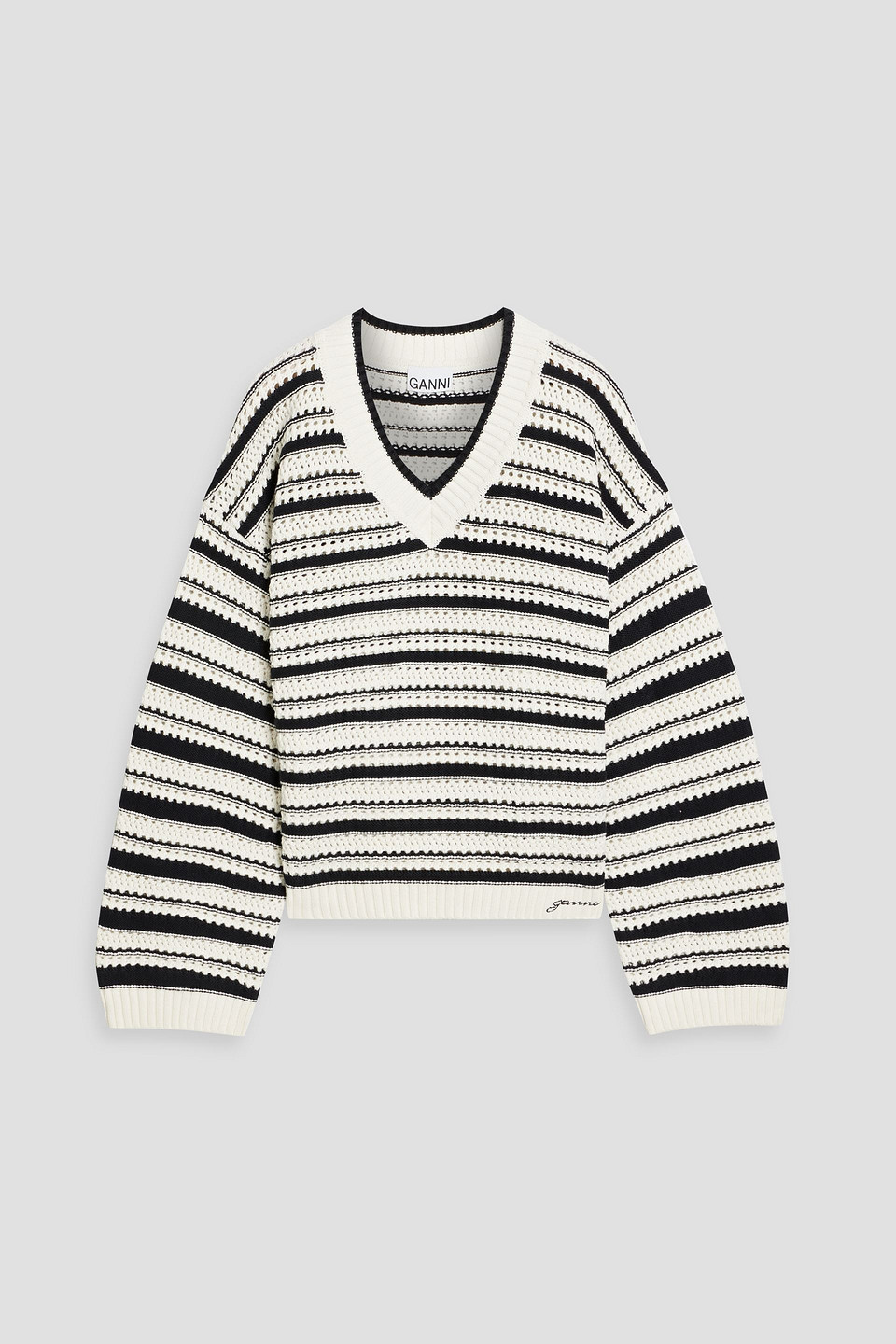 Ganni Gestreifter Pullover In Lochstrick In White