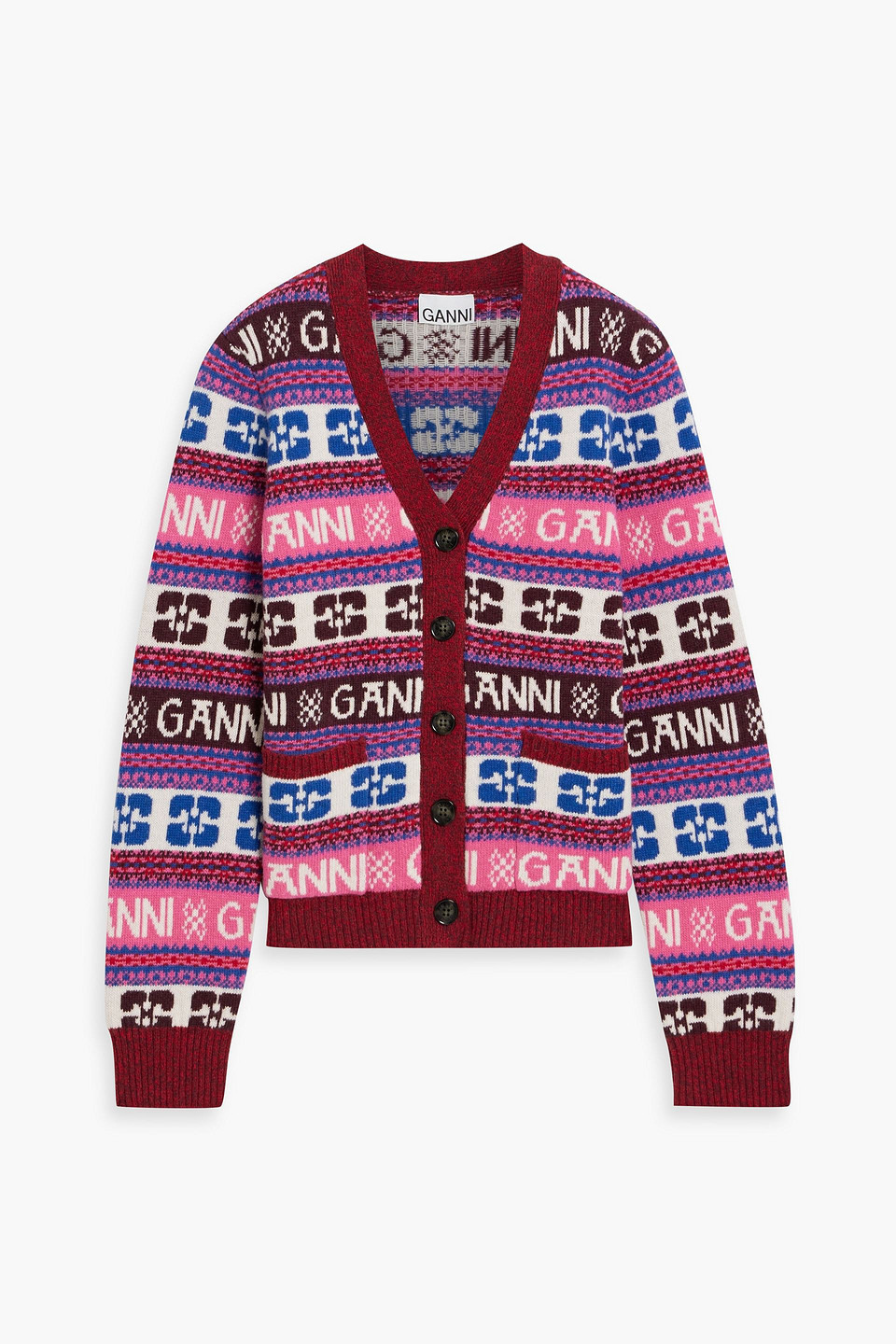Ganni Intarsia-logo V-neck Cardigan In Multicolor