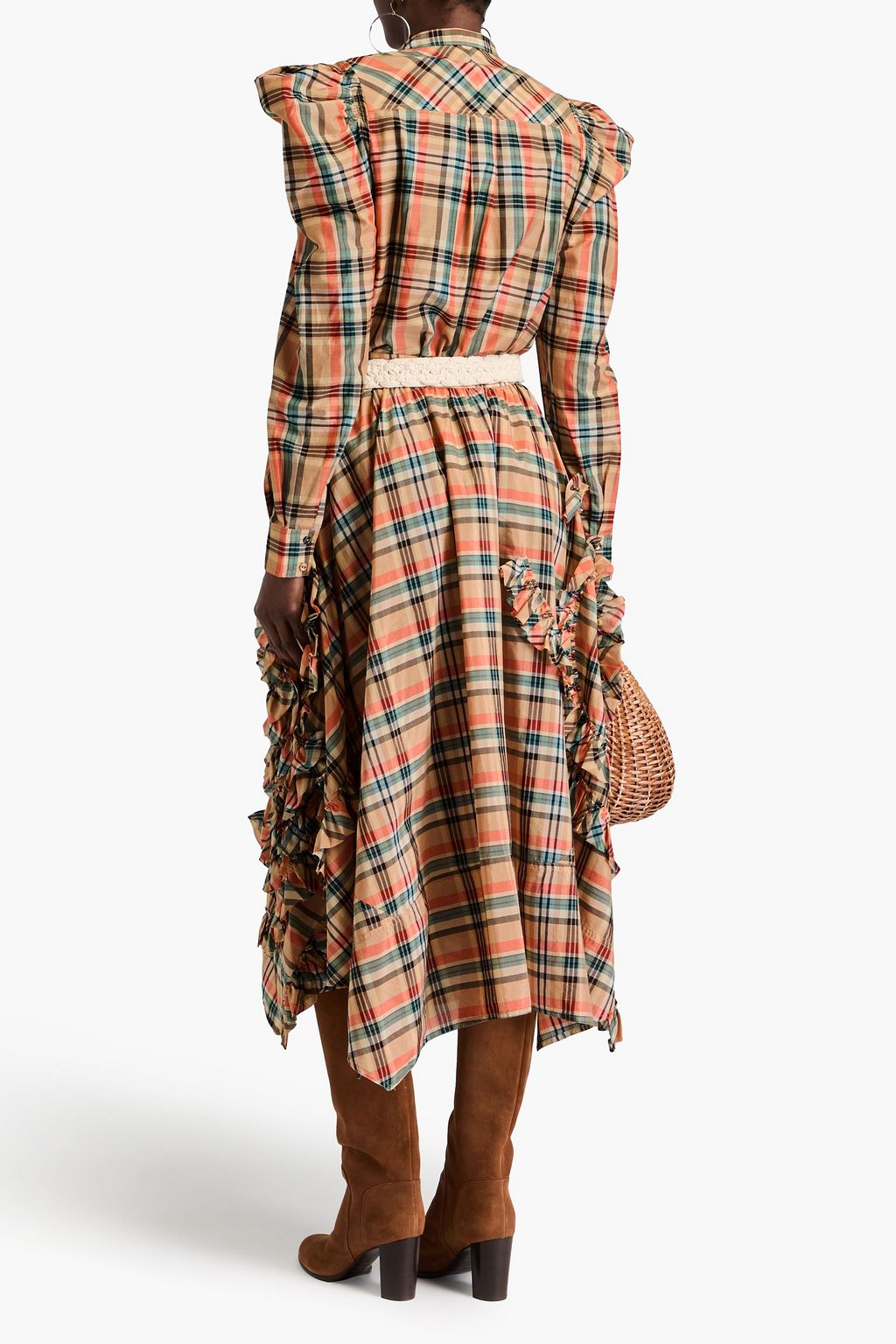 ULLA JOHNSON コットン&シルク混ボイル ミディスカート ラッフル付き チェック