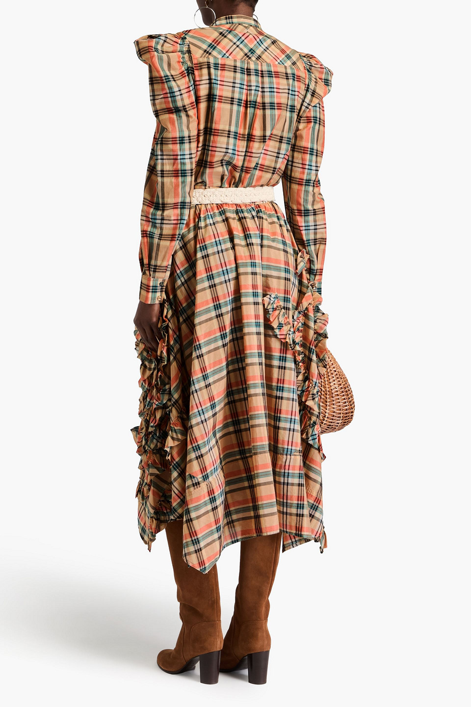 Shop Ulla Johnson Annine Ruffled Checked Cotton And Silk-blend Voile Midi Skirt In Multicolor