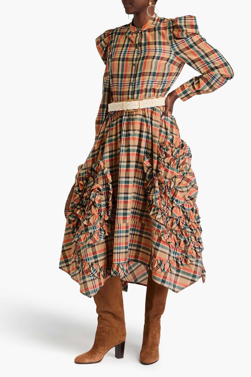 ULLA JOHNSON コットン&シルク混ボイル ミディスカート ラッフル付き チェック