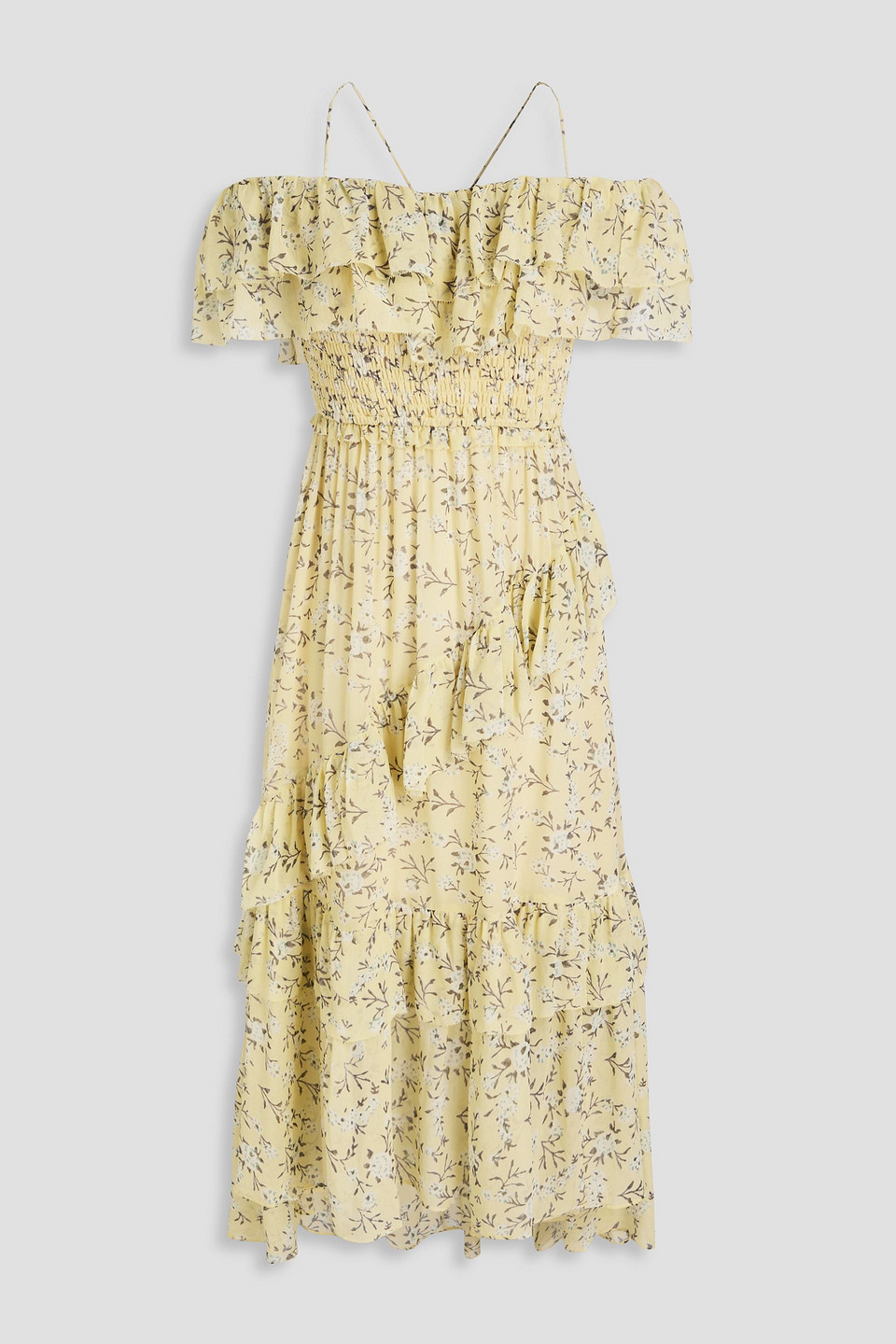 Ulla Johnson Penninah Cold-shoulder Ruffled Floral-print Silk-georgette Midi Dress In Pastel Yellow
