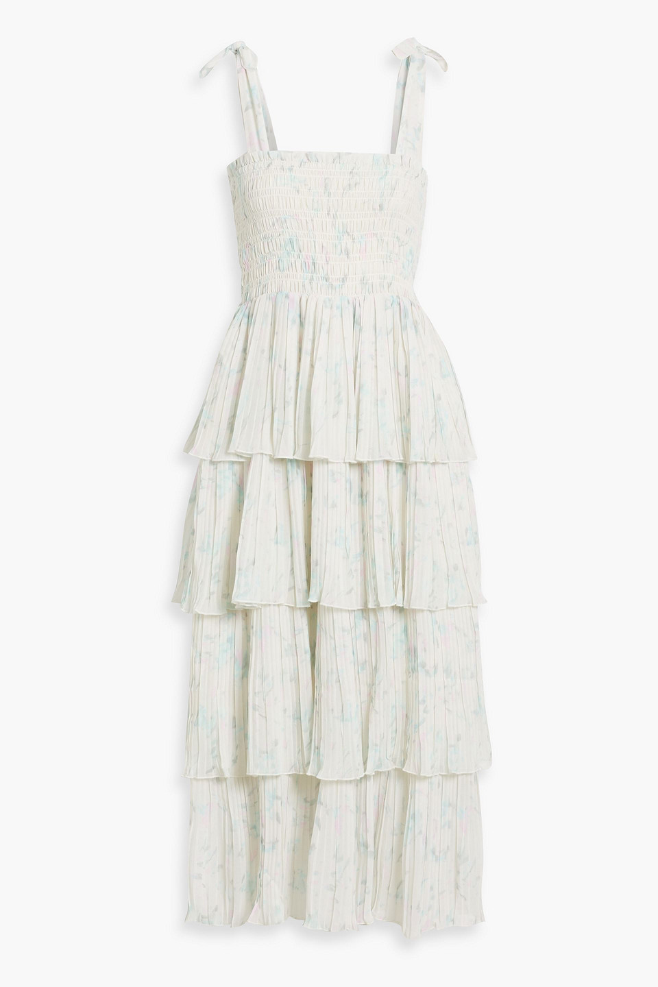 Ganni Tiered Printed Crepe De Chine Midi Dress In Light Green