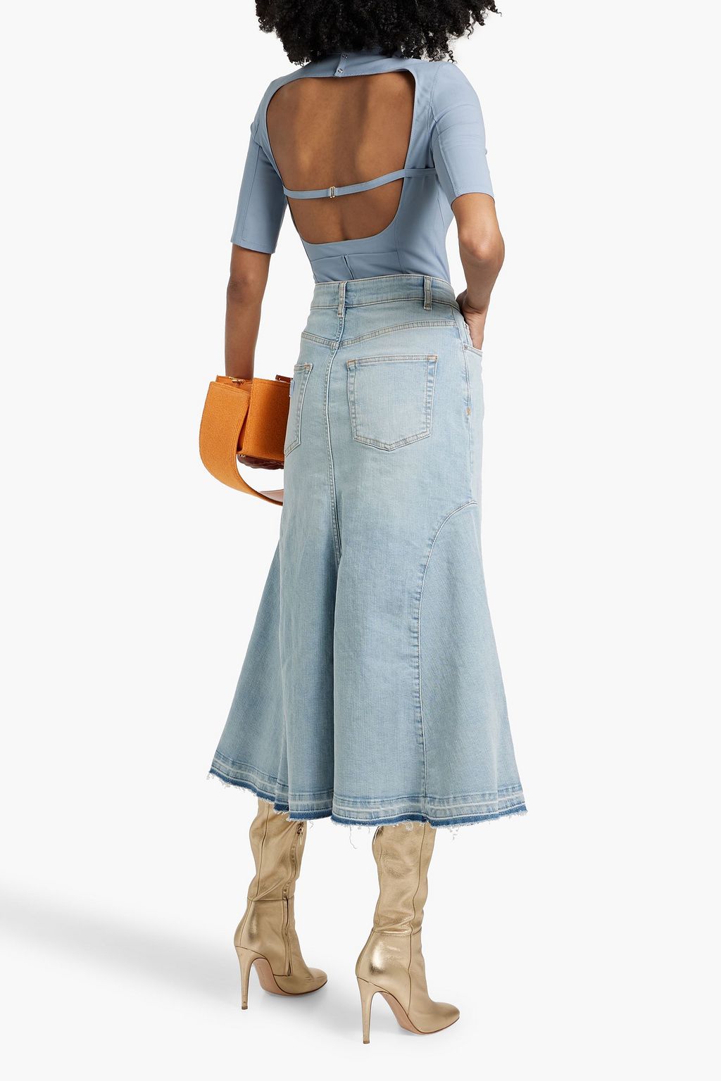 GANNI Fluted denim midi skirt