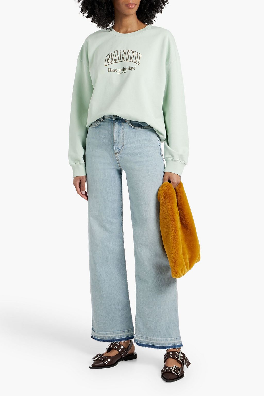 GANNI Frayed high-rise wide-leg jeans