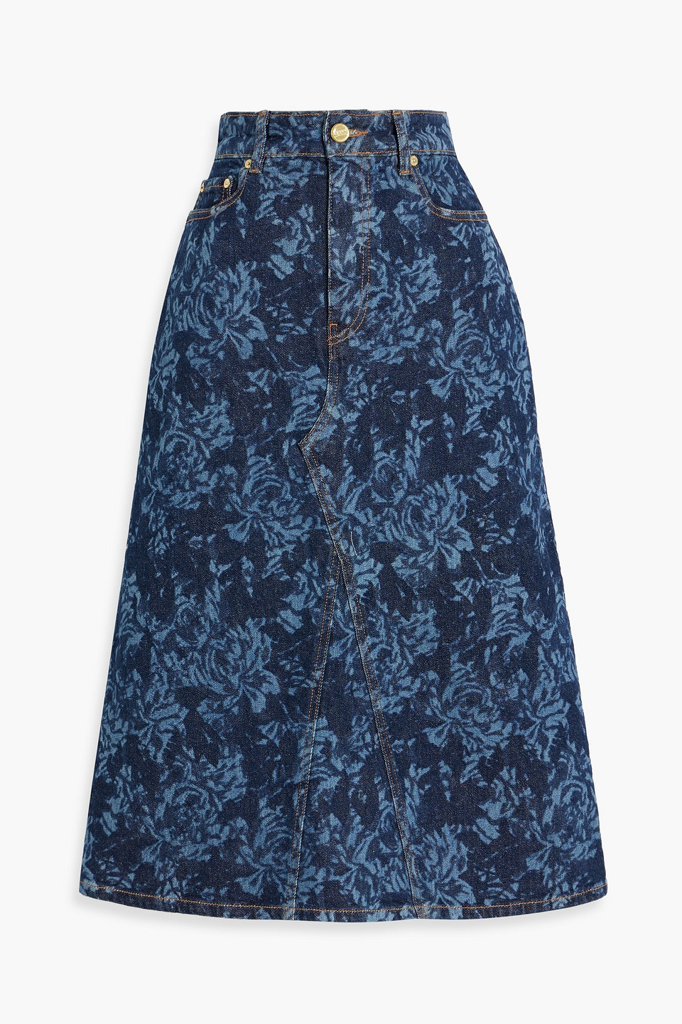 Printed denim midi skirt