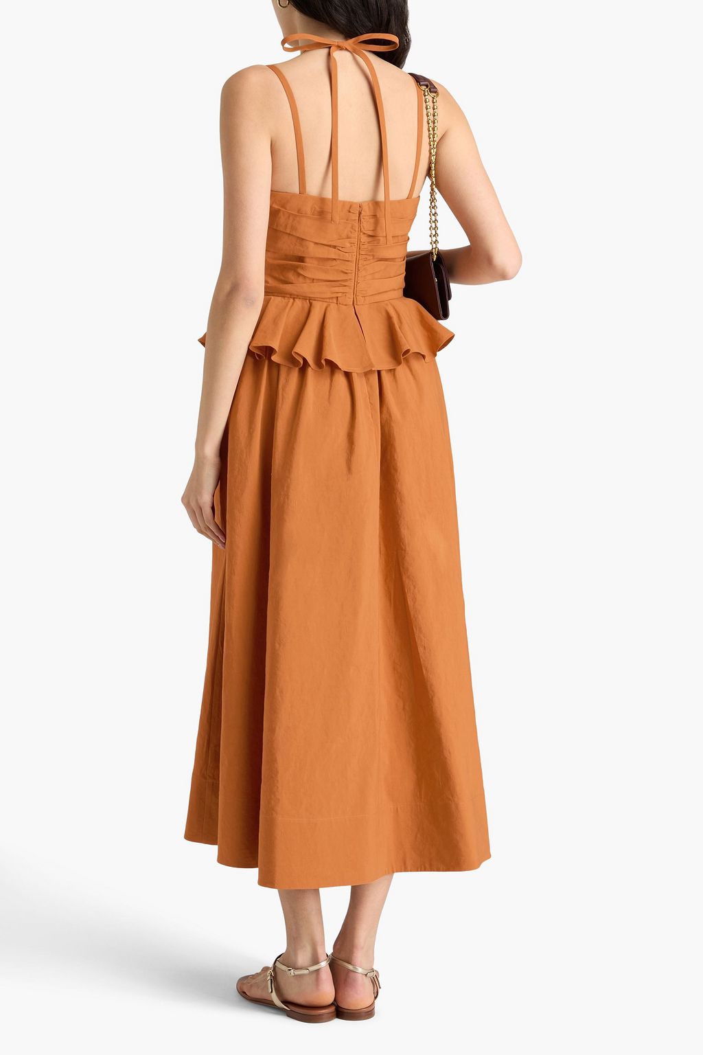 ULLA JOHNSON コットン&リネン&シルク混 ミディワンピース ルーシュ入り