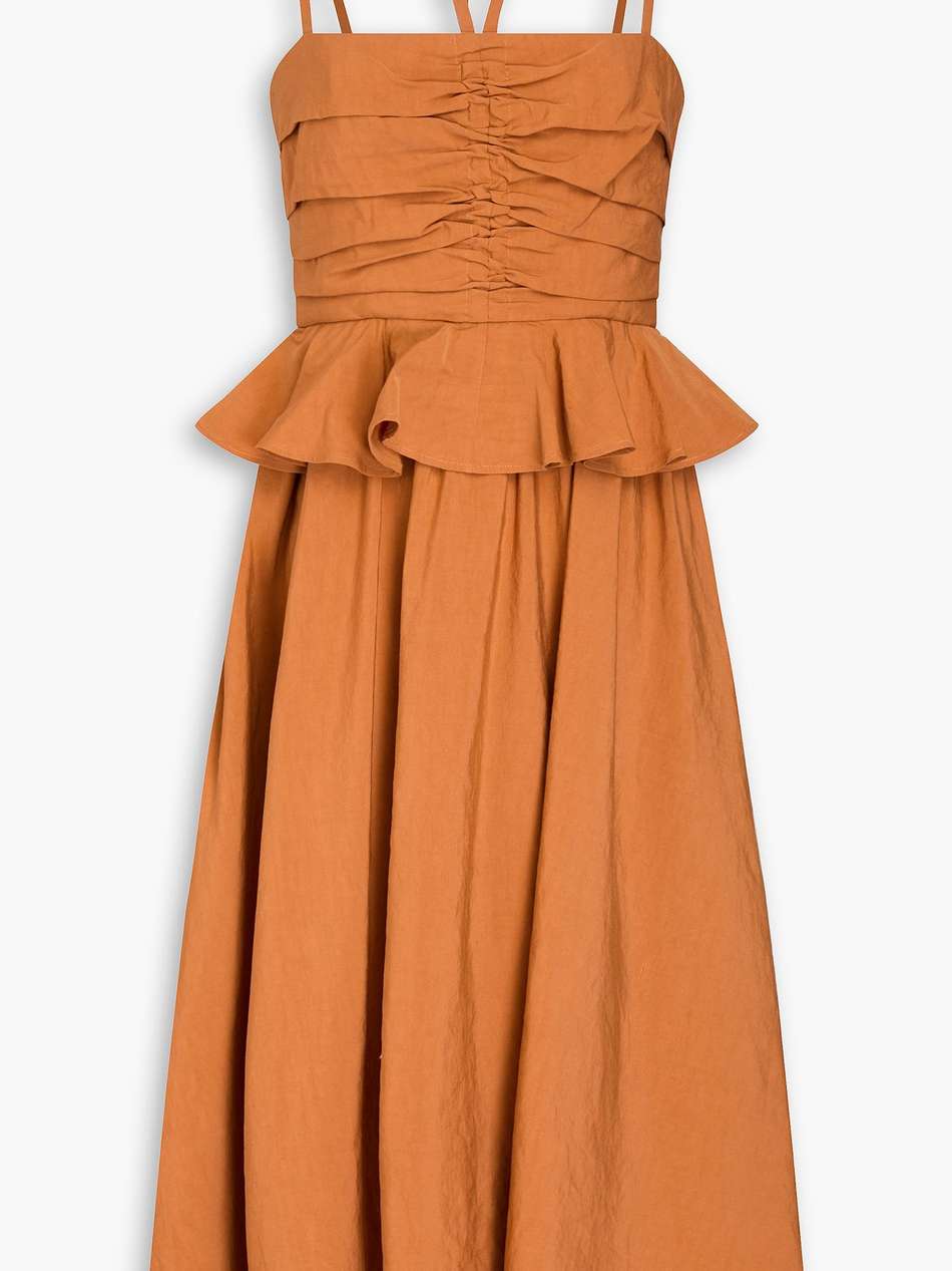 anastasia ruched cotton, linen and silk-blend midi dress