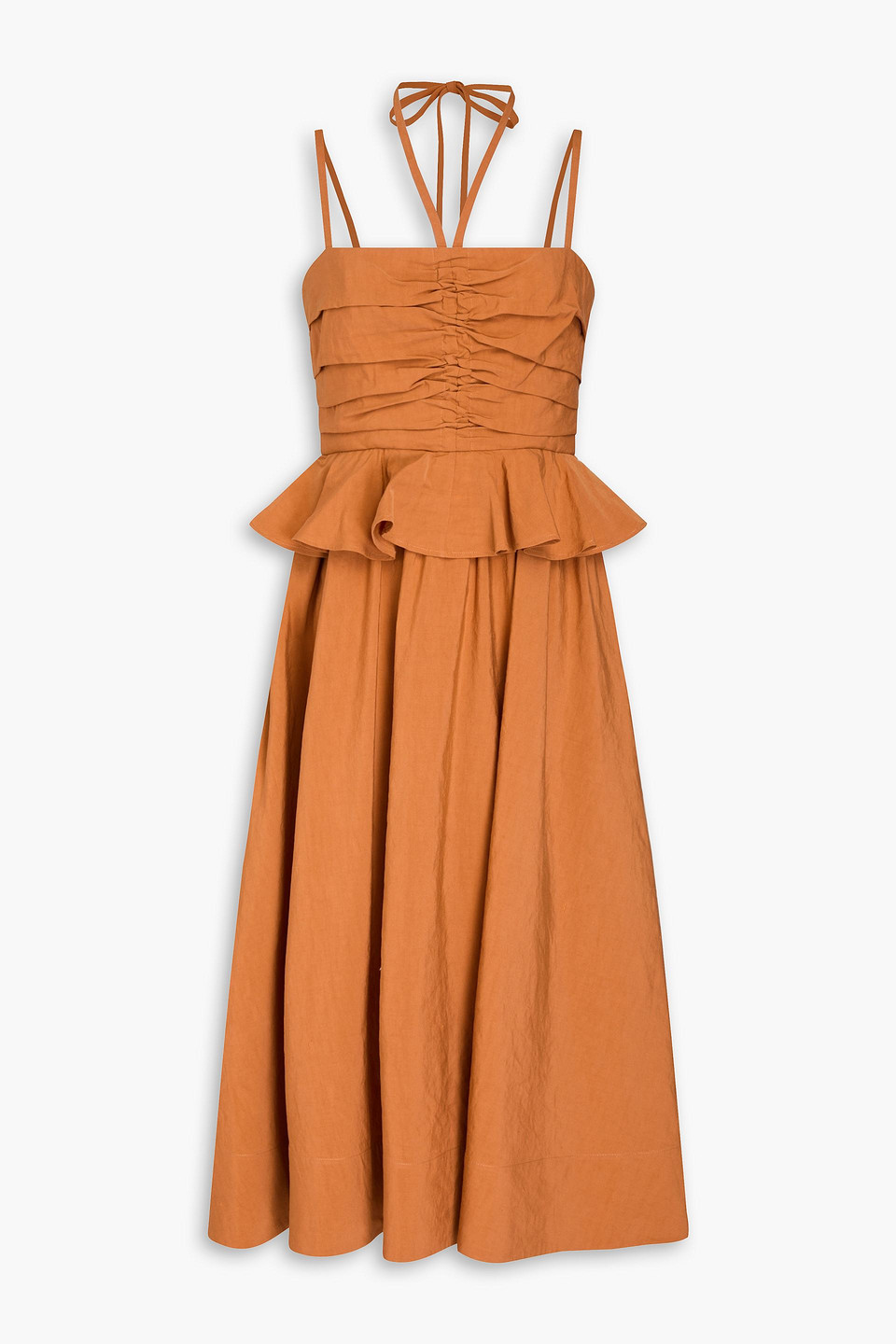 Ulla Johnson Anastasia Ruched Cotton, Linen And Silk-blend Midi Dress In Camel