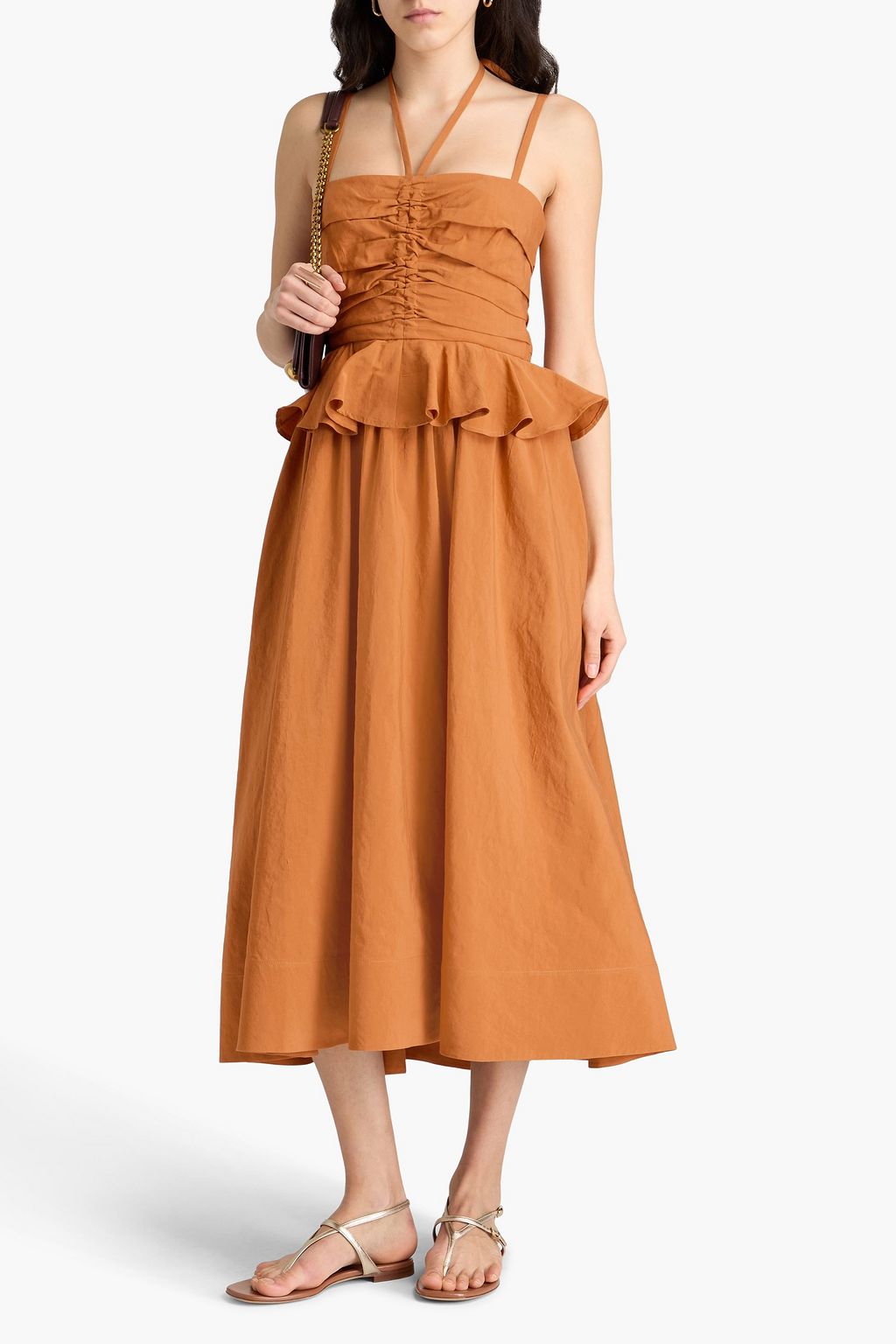 ULLA JOHNSON コットン&リネン&シルク混 ミディワンピース ルーシュ入り