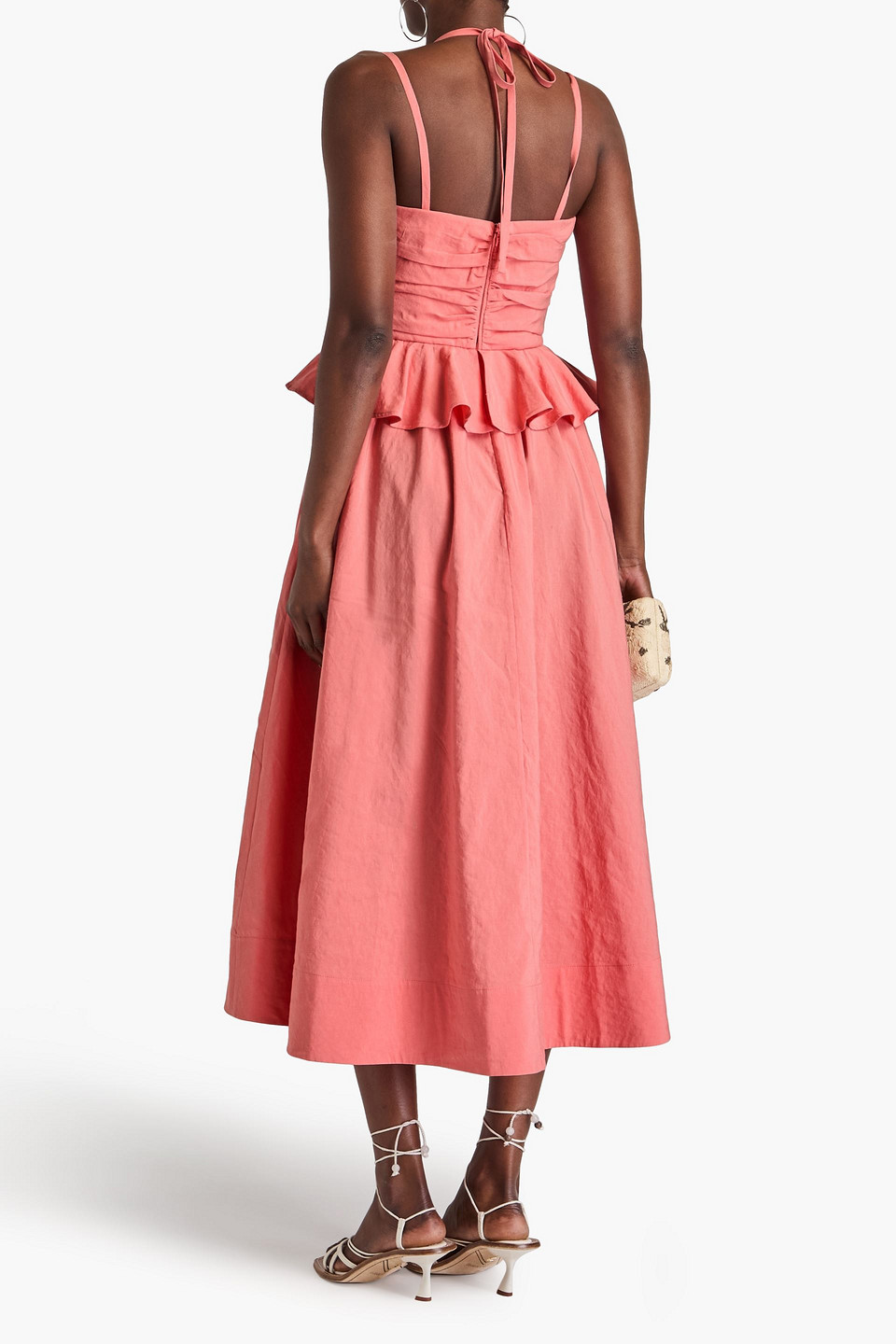 Ulla Johnson Anastasia Ruched Cotton, Linen And Silk-blend Midi Dress In Coral