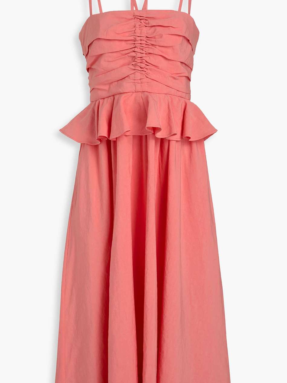 anastasia ruched cotton, linen and silk-blend midi dress