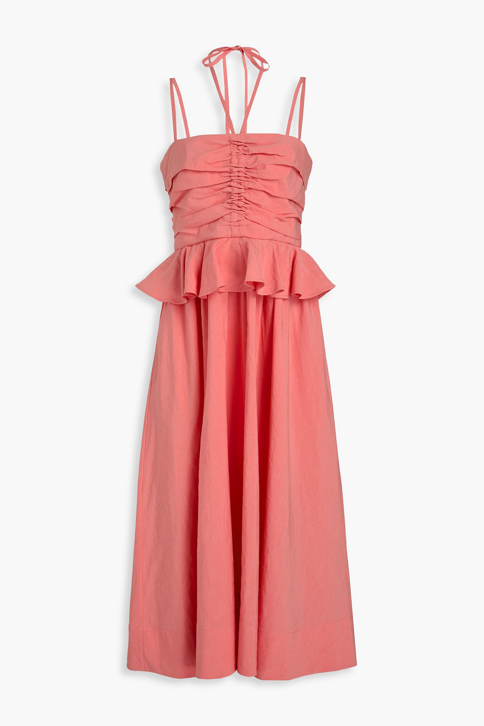 Ulla Johnson Anastasia Ruched Cotton, Linen And Silk-blend Midi Dress In Coral