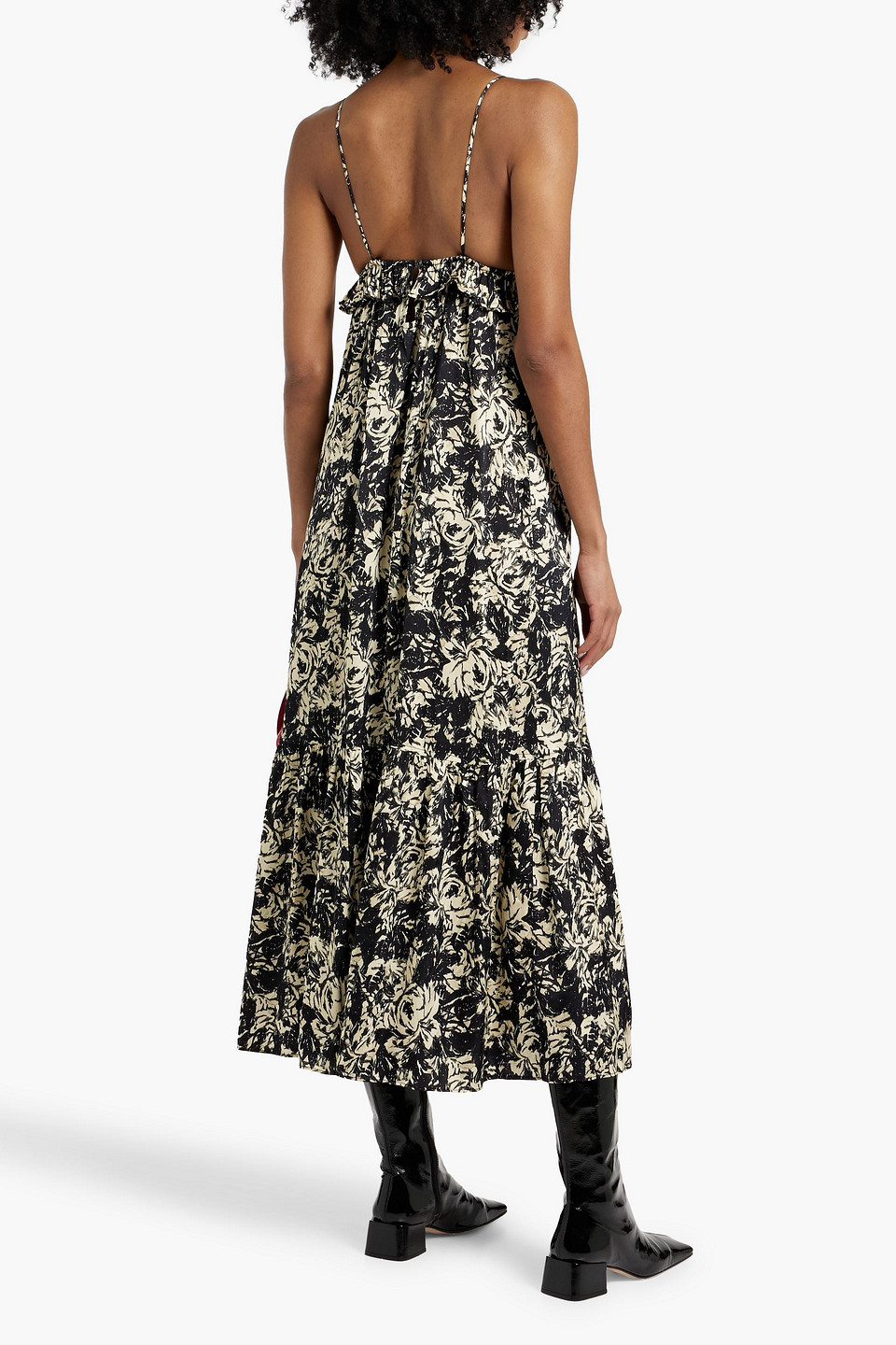 Ganni Ruffled Printed Satin-crepe Midi Dress In Black