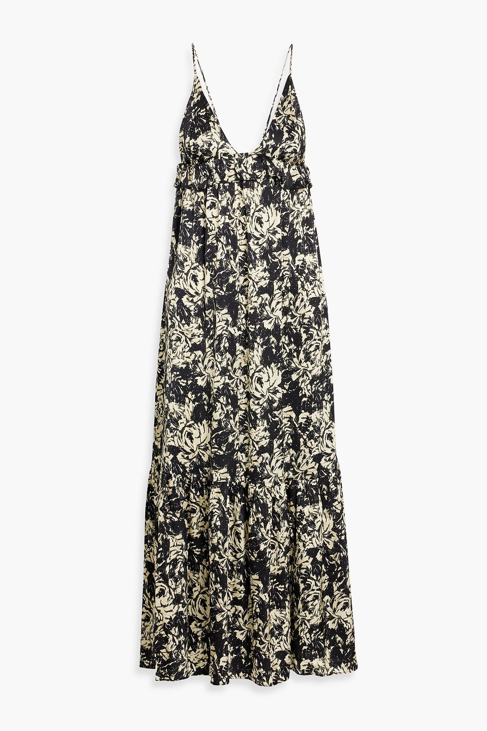 Ganni Ruffled Printed Satin-crepe Midi Dress In Black