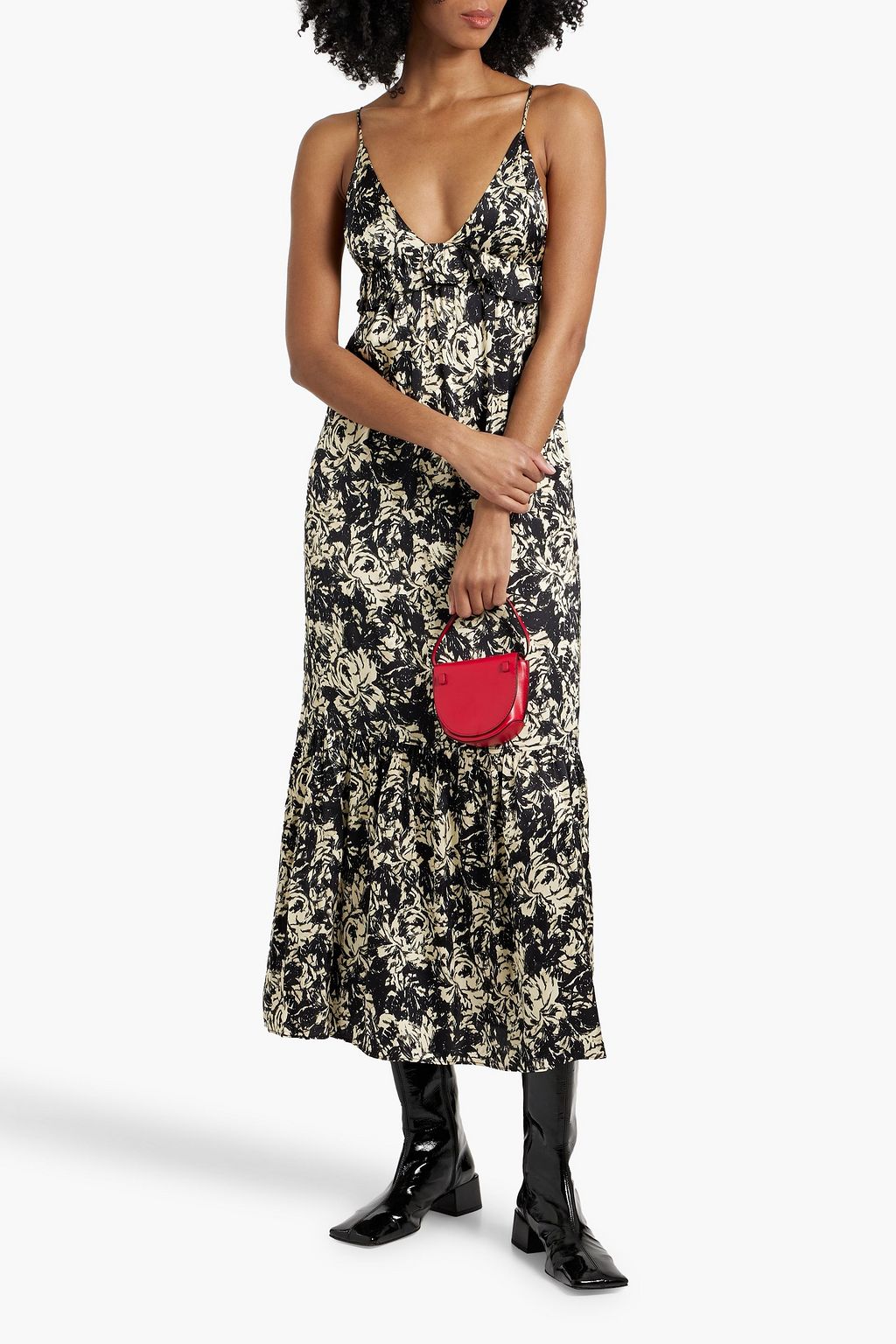 GANNI Ruffled printed satin-crepe midi dress