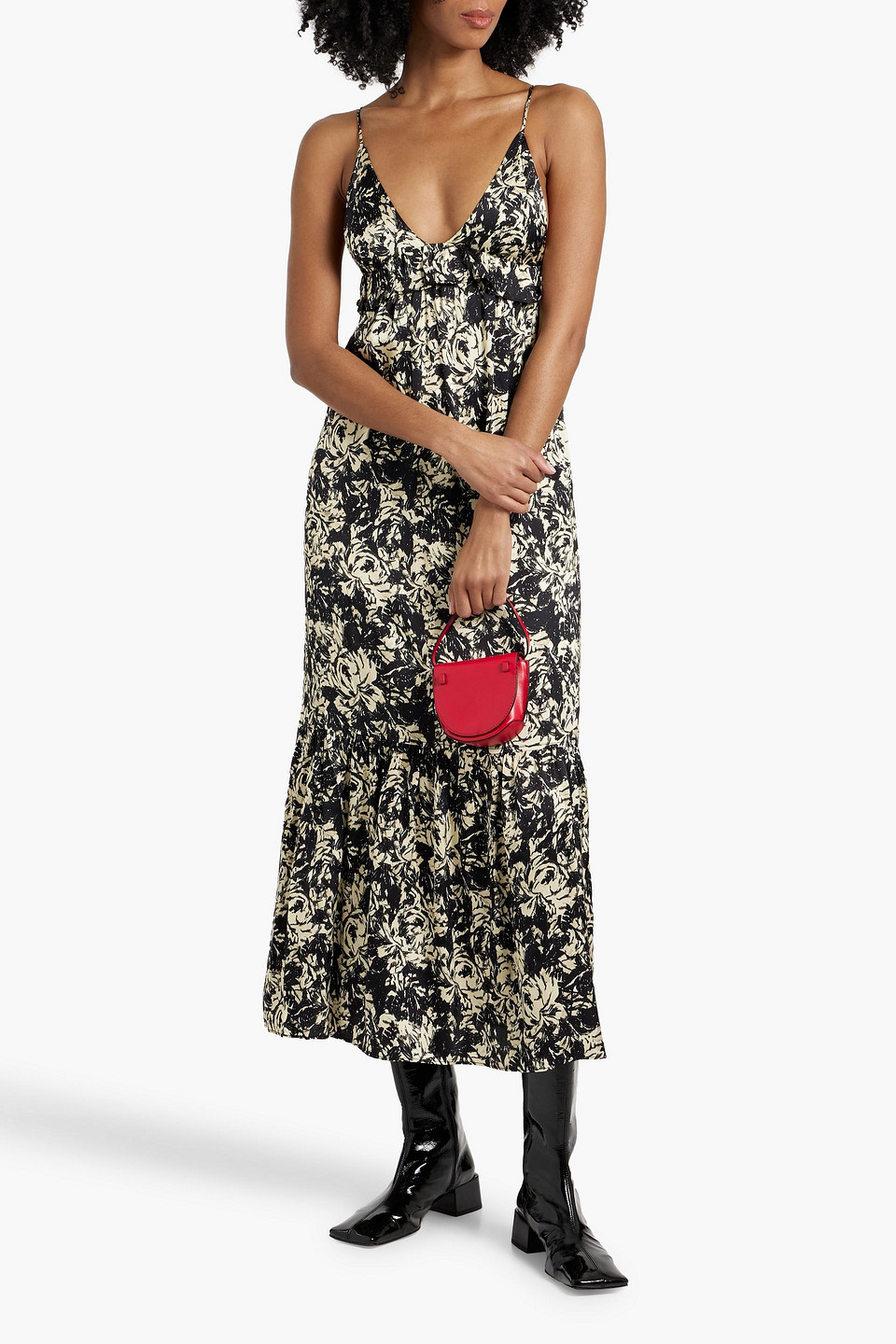 Ganni Ruffled Printed Satin-crepe Midi Dress In Black