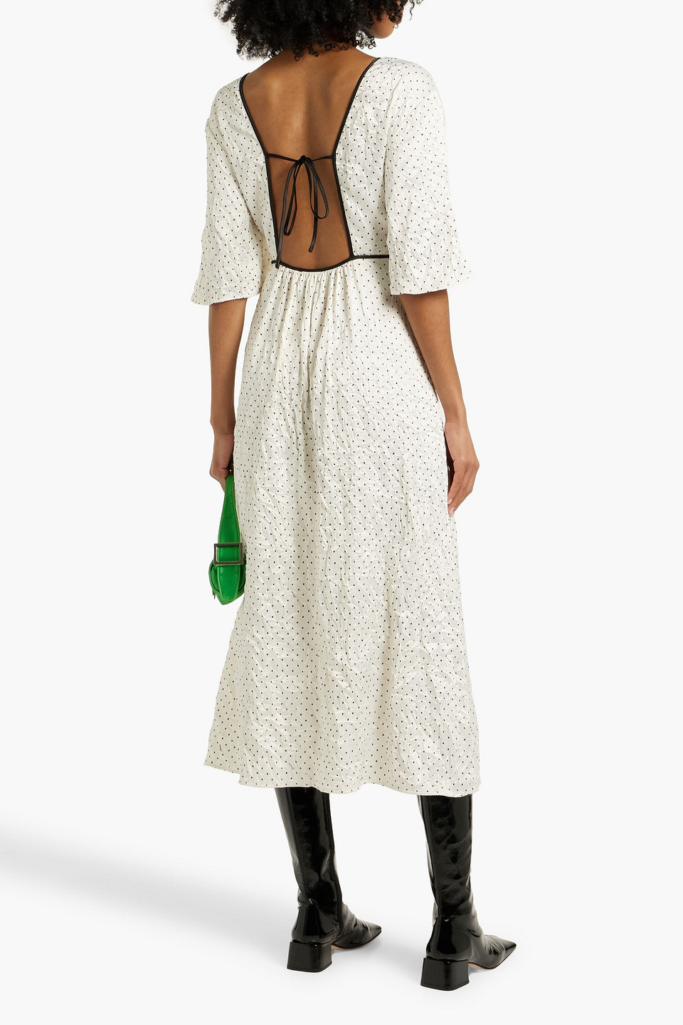 ganni polka dot maxi dress White Polka Dot Crinkled Satin V-neck Long Dress
