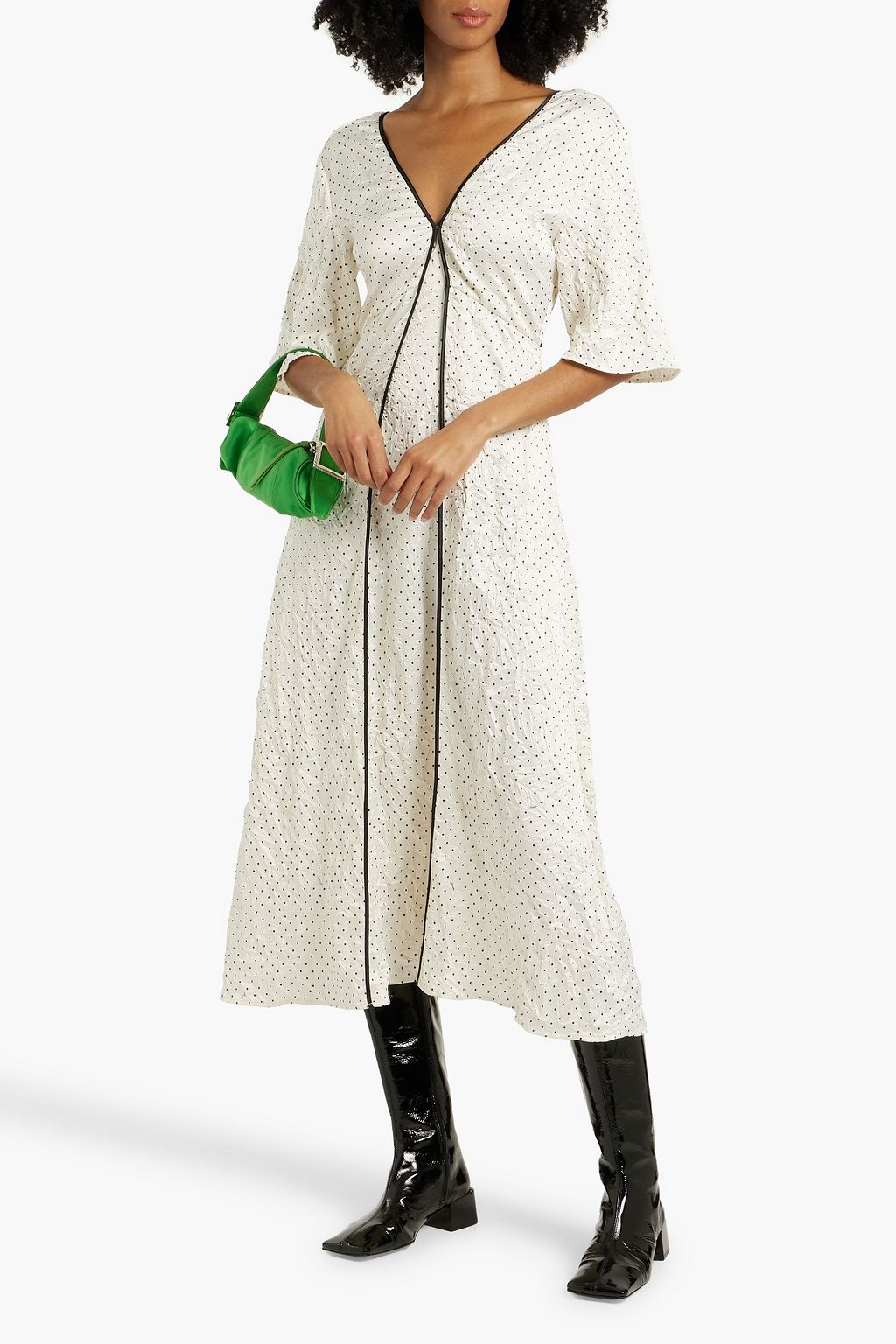 GANNI Polka-dot crinkled-satin midi dress