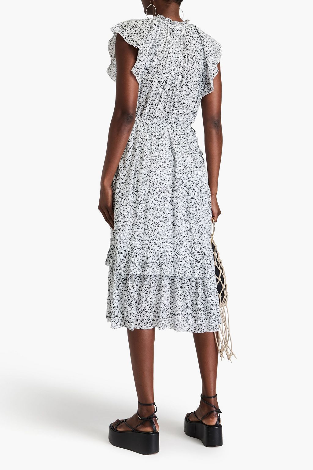 ULLA JOHNSON コットンクレポン ミディワンピース ラッフル付き フローラルプリント