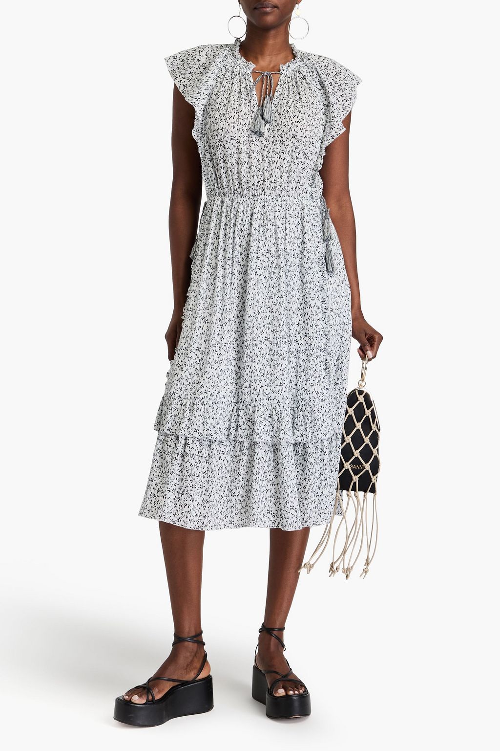 ULLA JOHNSON コットンクレポン ミディワンピース ラッフル付き フローラルプリント