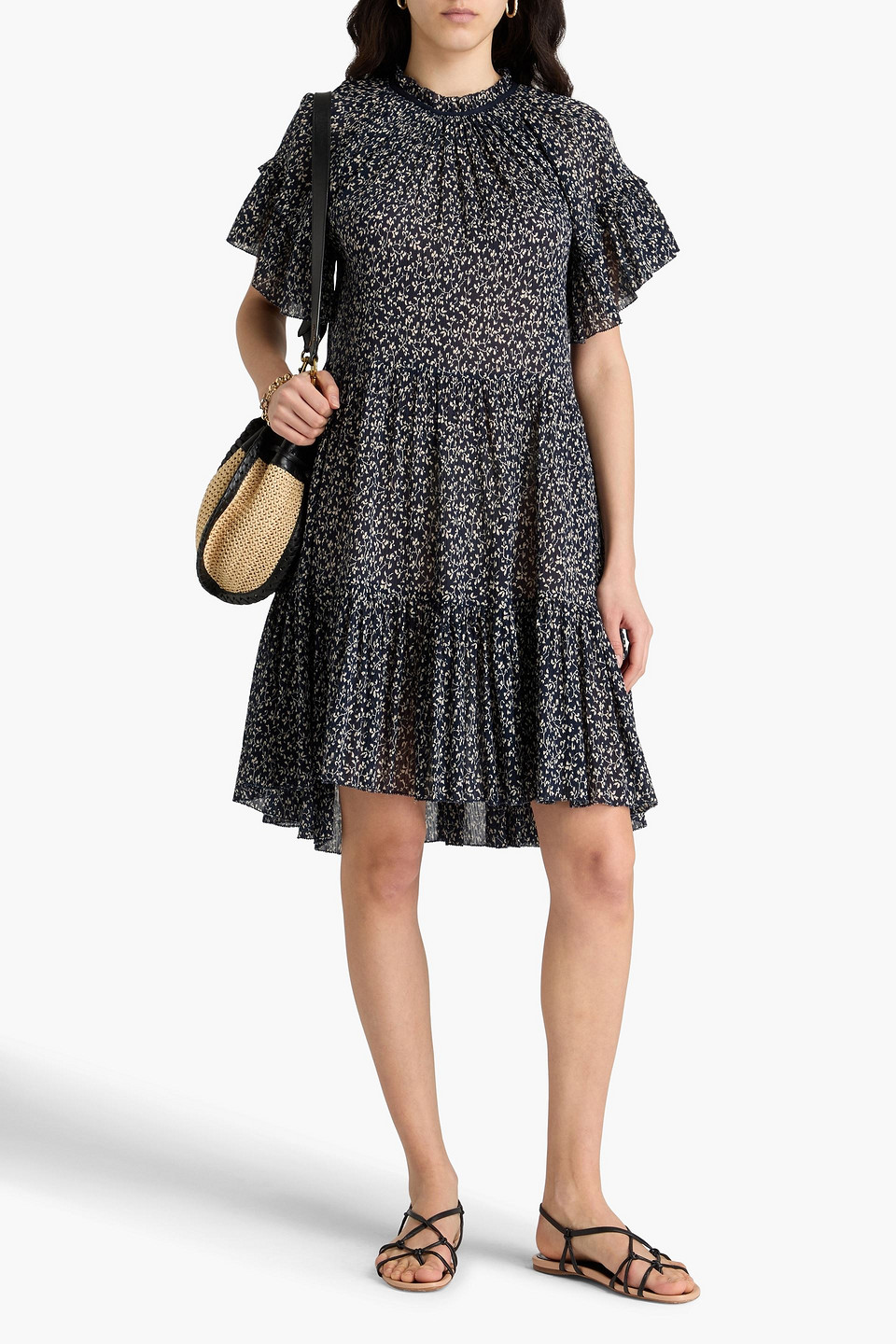 Ulla Johnson Doris Gestuftes Minikleid Aus Baumwollkrepon Mit Floralem Print In Nachtblau