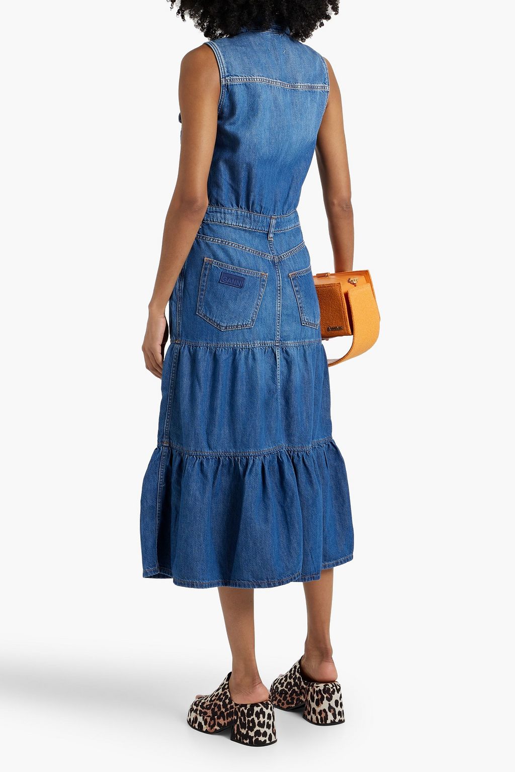 GANNI Tiered denim midi shirt dress