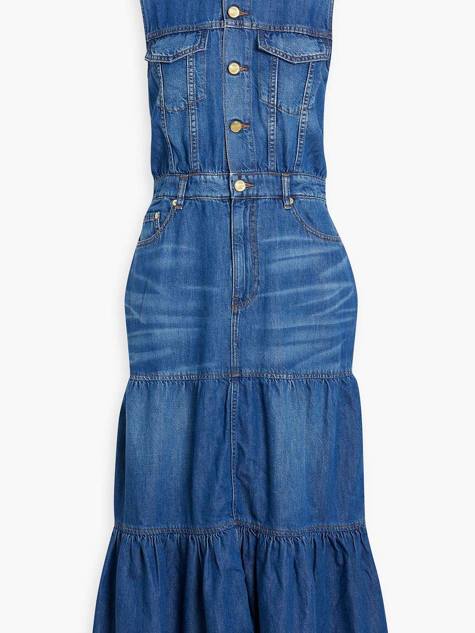 tiered denim midi shirt dress