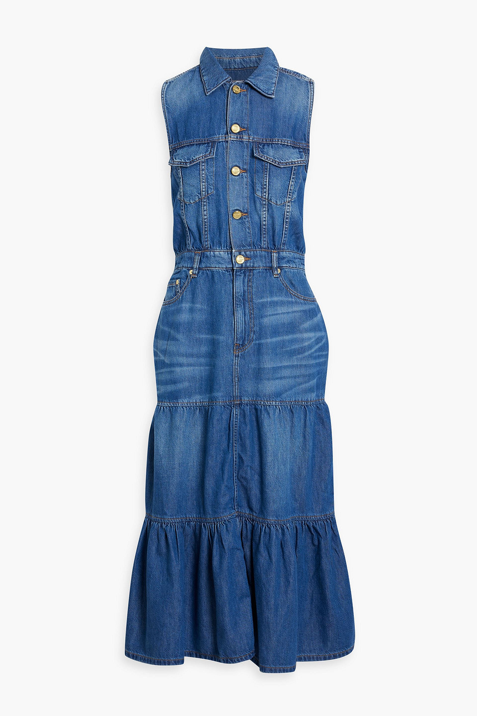 ganni - tiered denim midi shirt dress - blue - eu 36