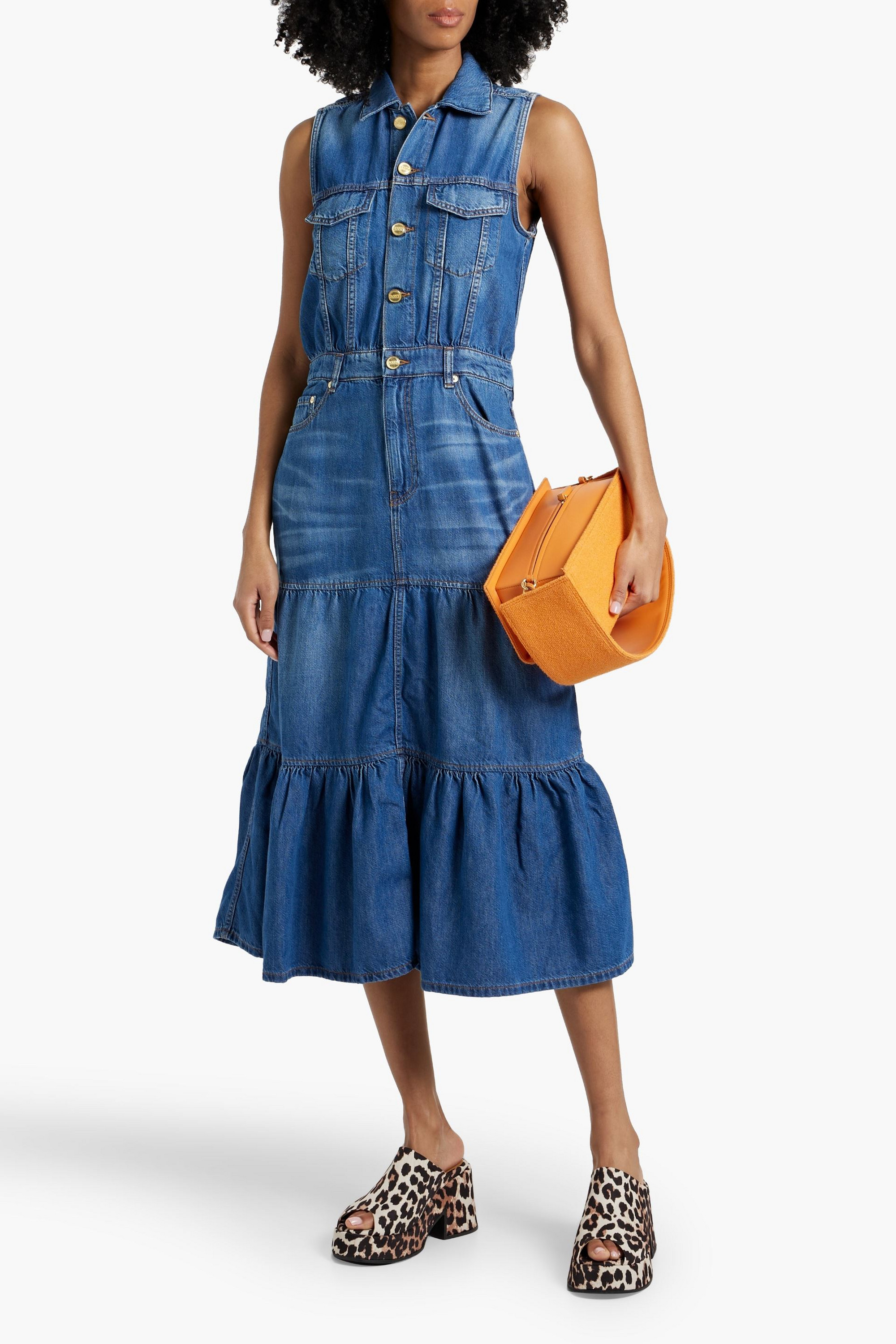 GANNI Tiered denim midi shirt dress