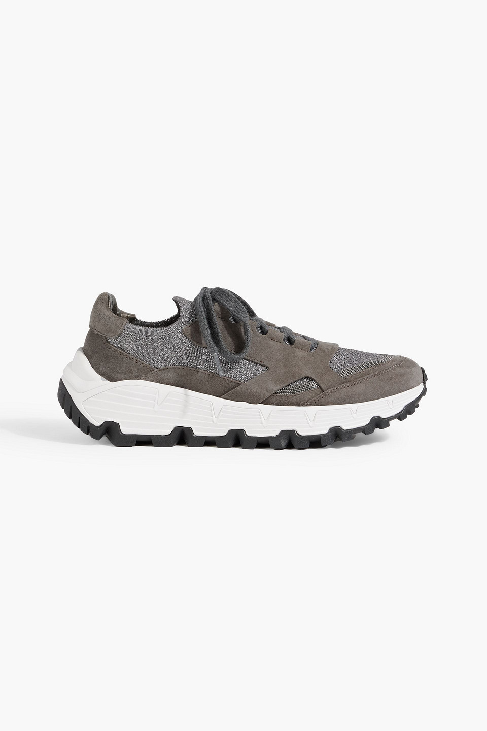 Brunello Cucinelli Bead-embellished Metallic Mesh And Suede Sneakers In Taupe