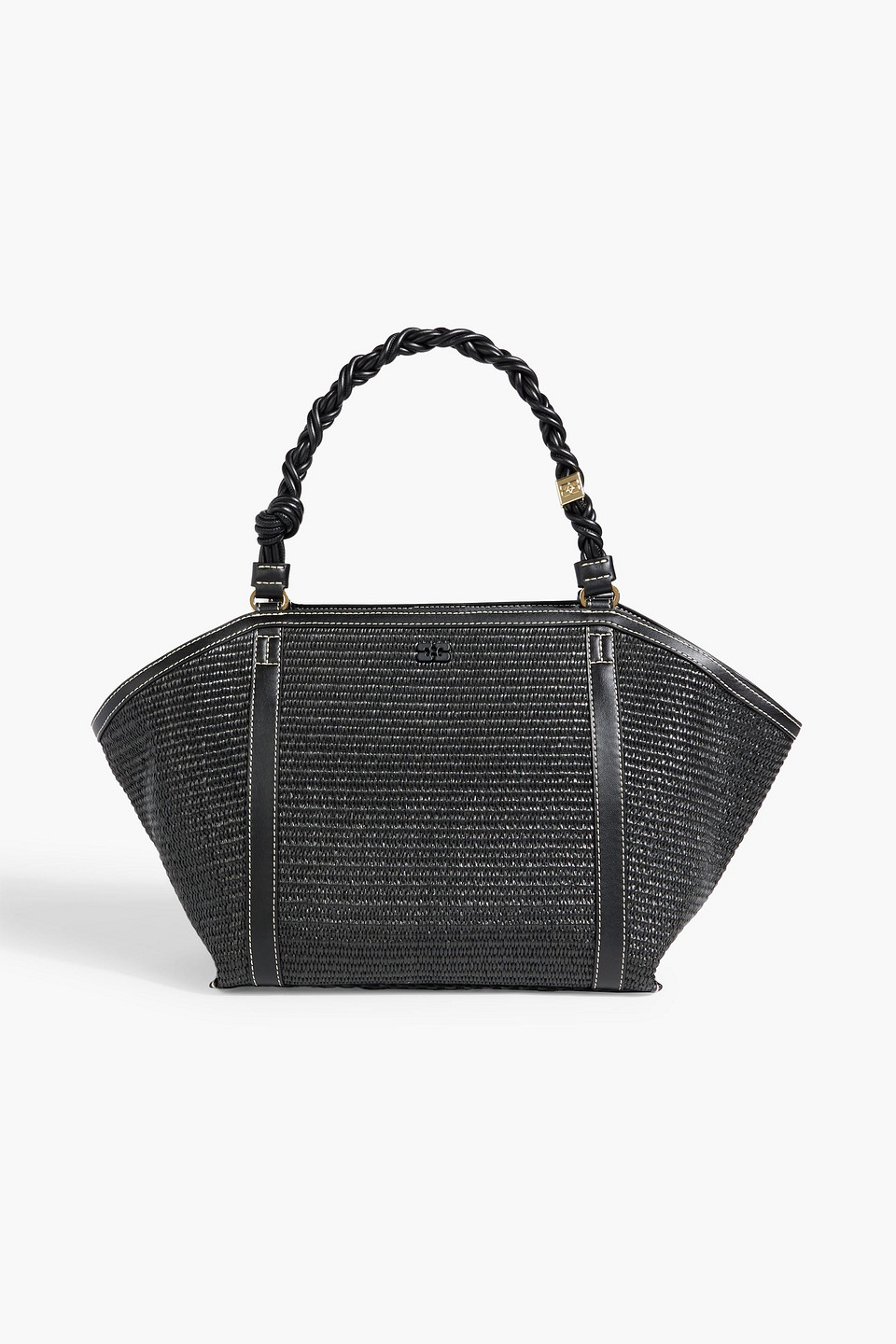 Ganni Bou Leather-trimmed Faux Raffia Tote In Black | ModeSens