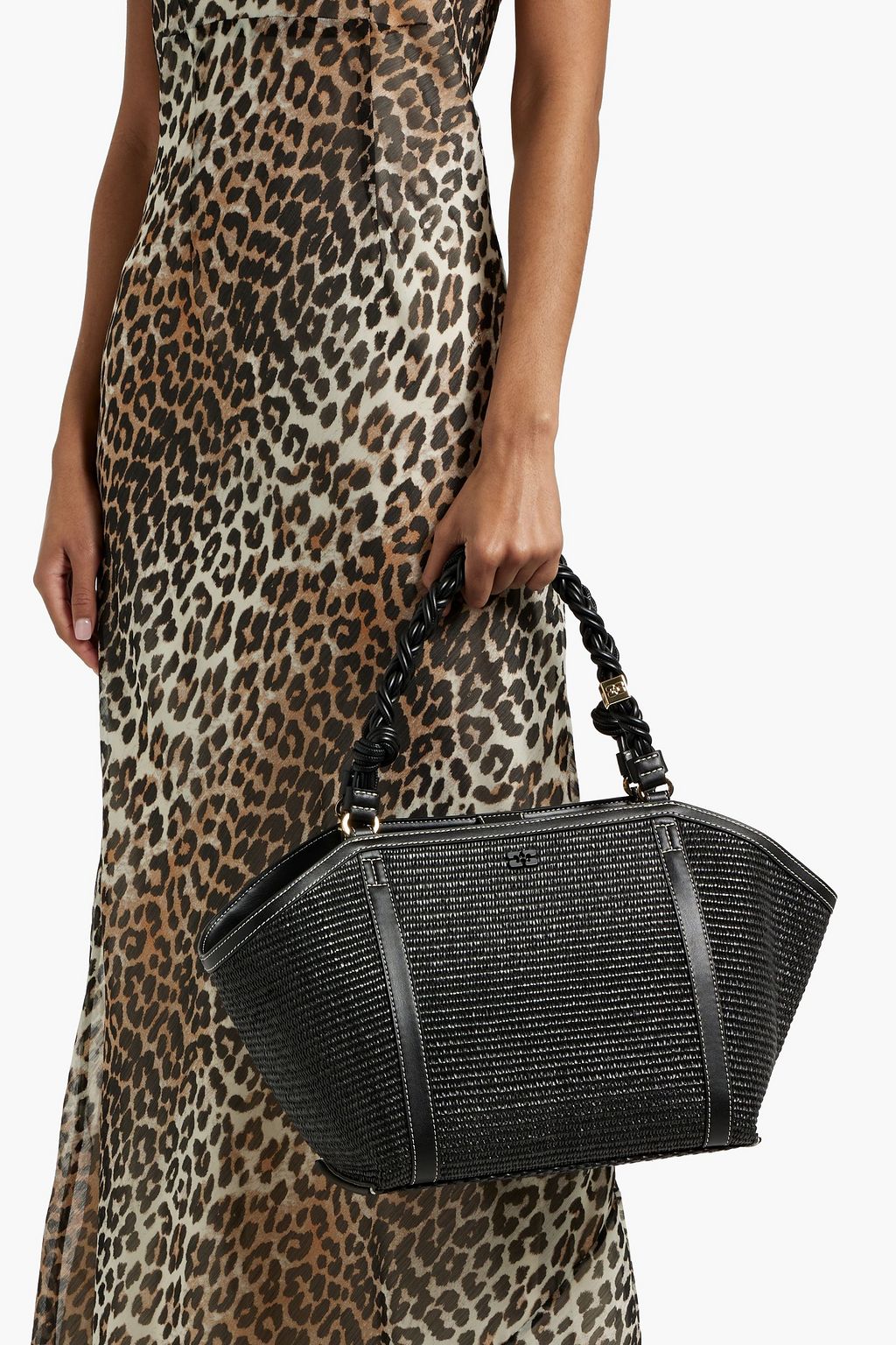 GANNI Bou leather-trimmed faux raffia tote