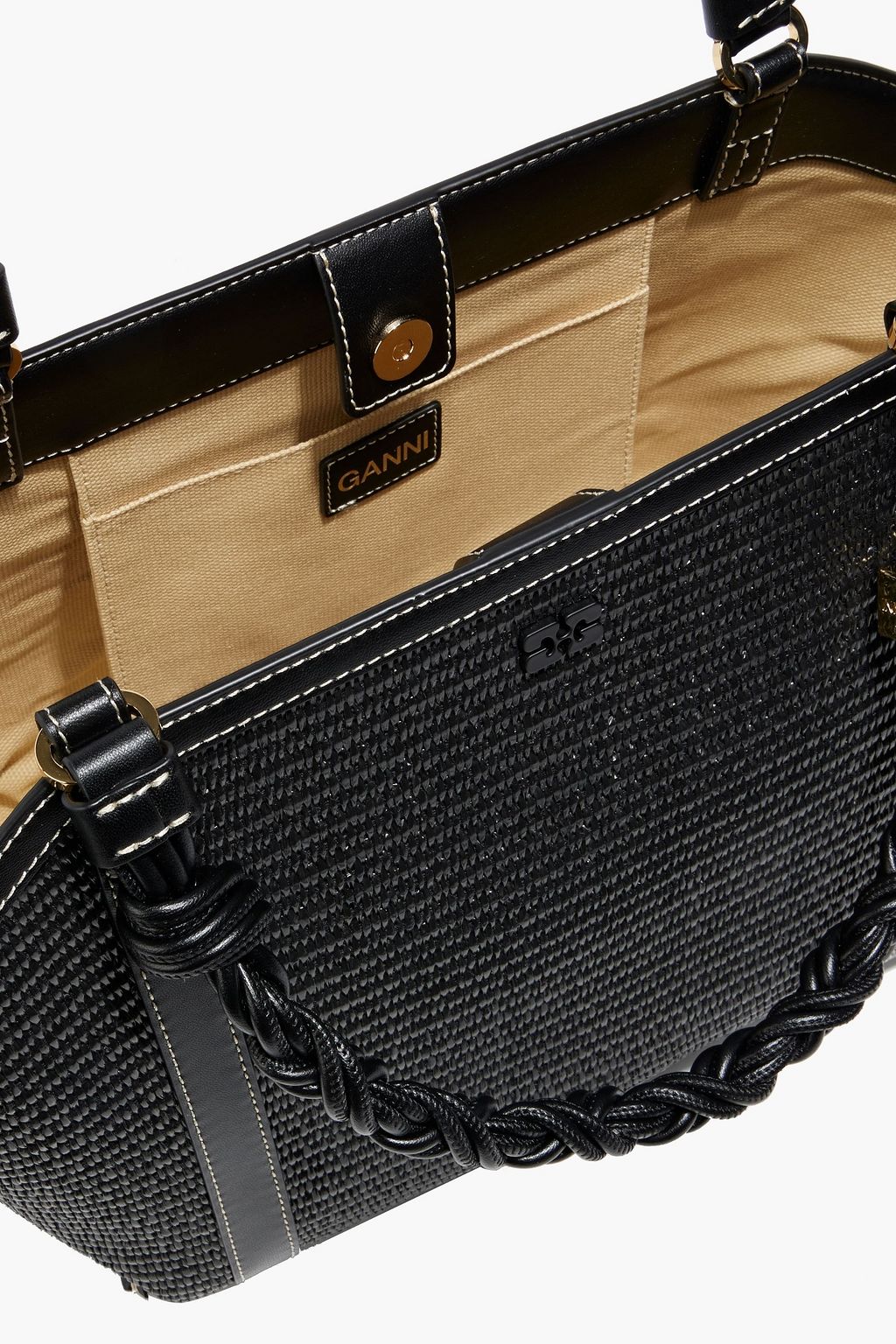 GANNI Bou leather-trimmed faux raffia tote