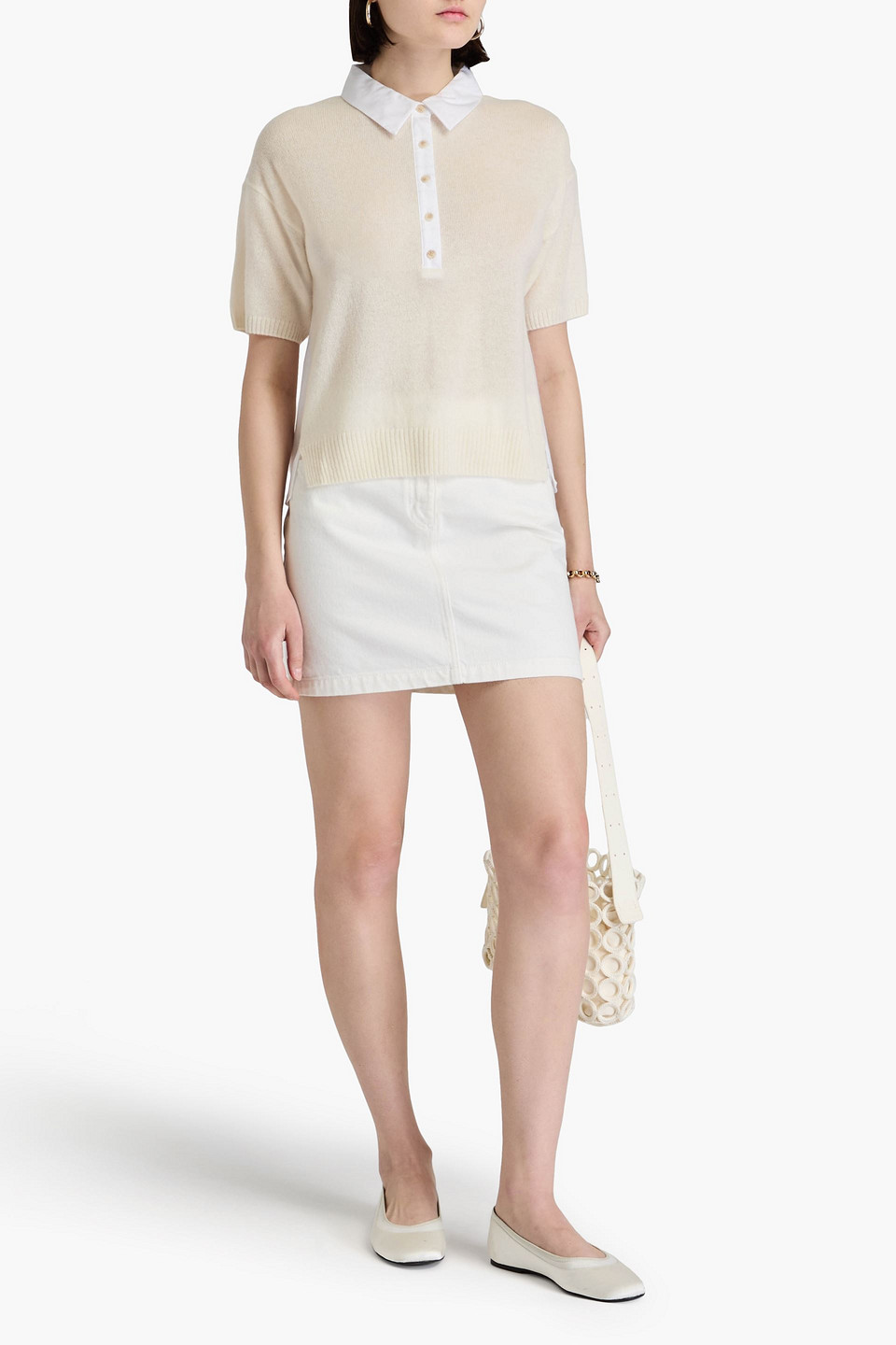 Naadam Poplin-paneled Cashmere Polo Sweater In Elfenbein
