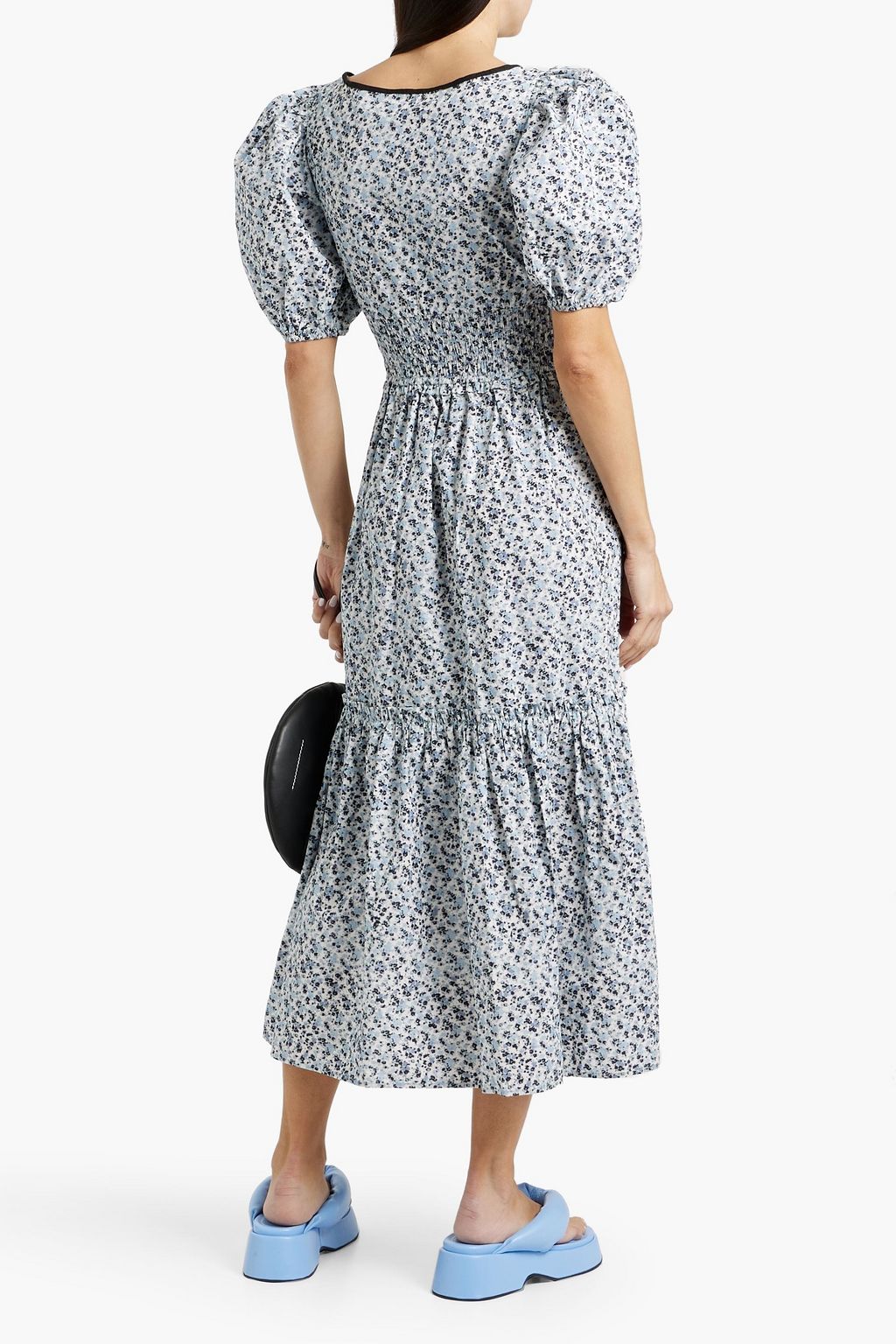 GANNI Shirred printed cotton-poplin midi dress