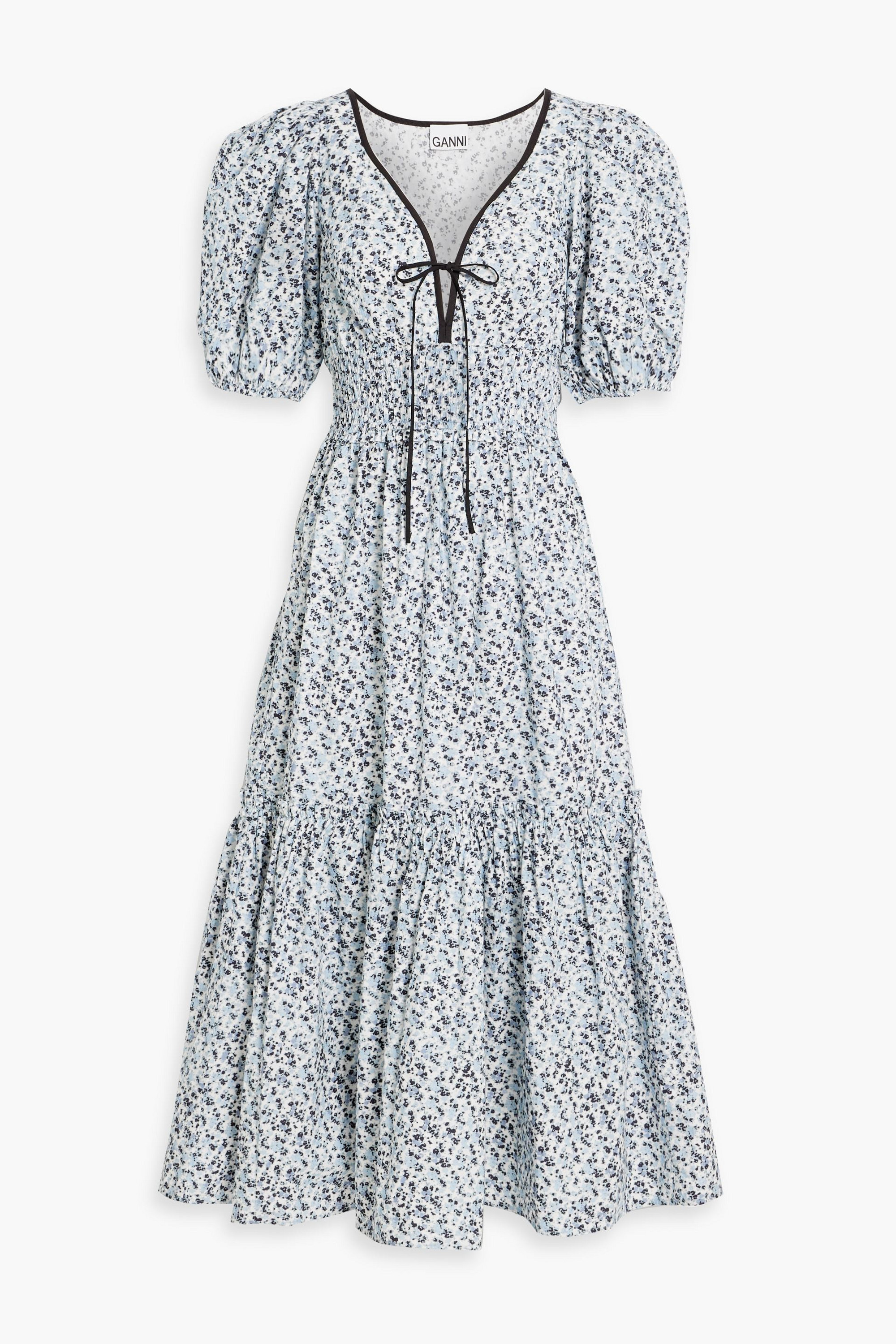 GANNI Shirred printed cotton-poplin midi dress thumbnail