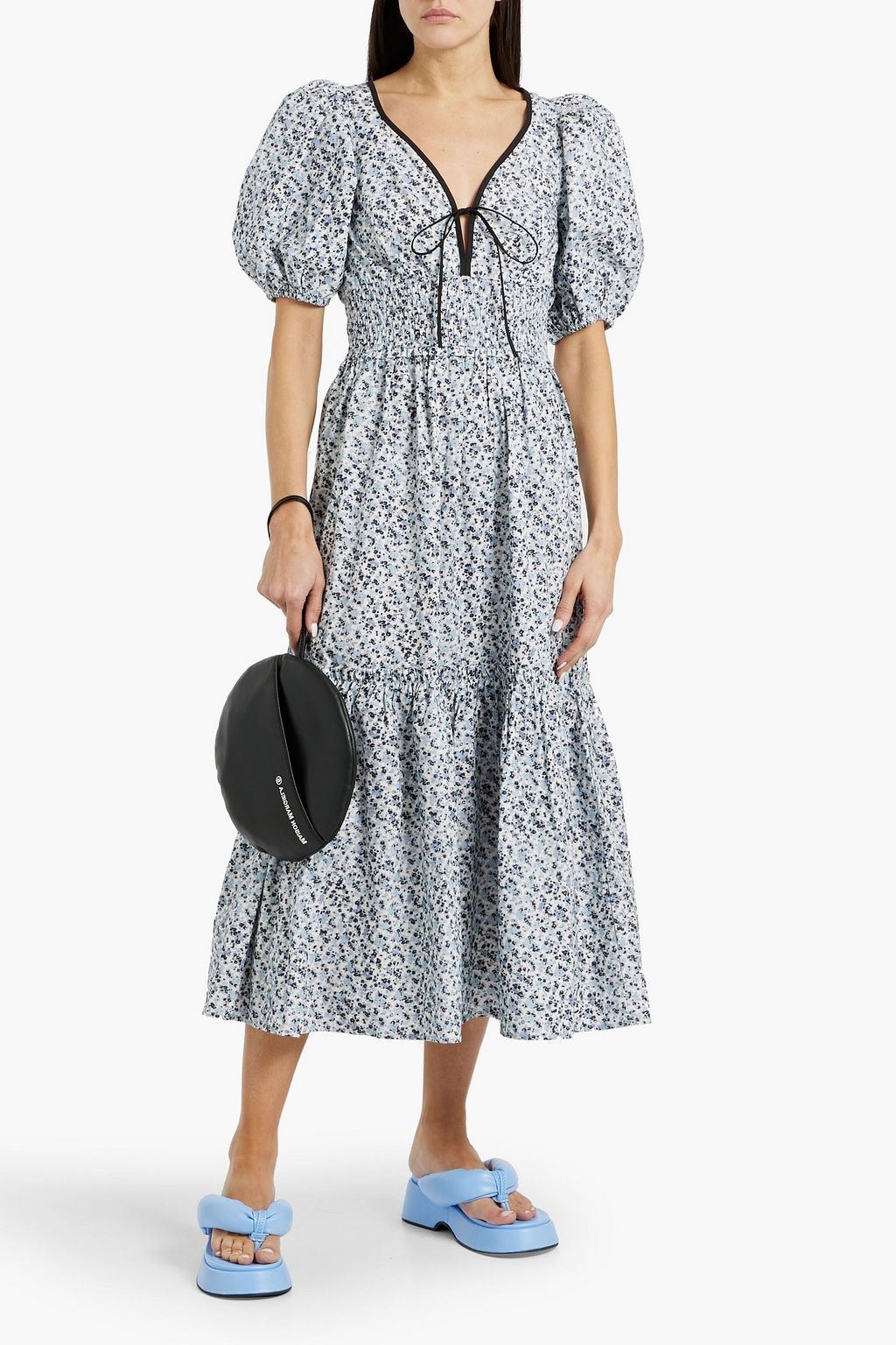 GANNI Shirred printed cotton-poplin midi dress