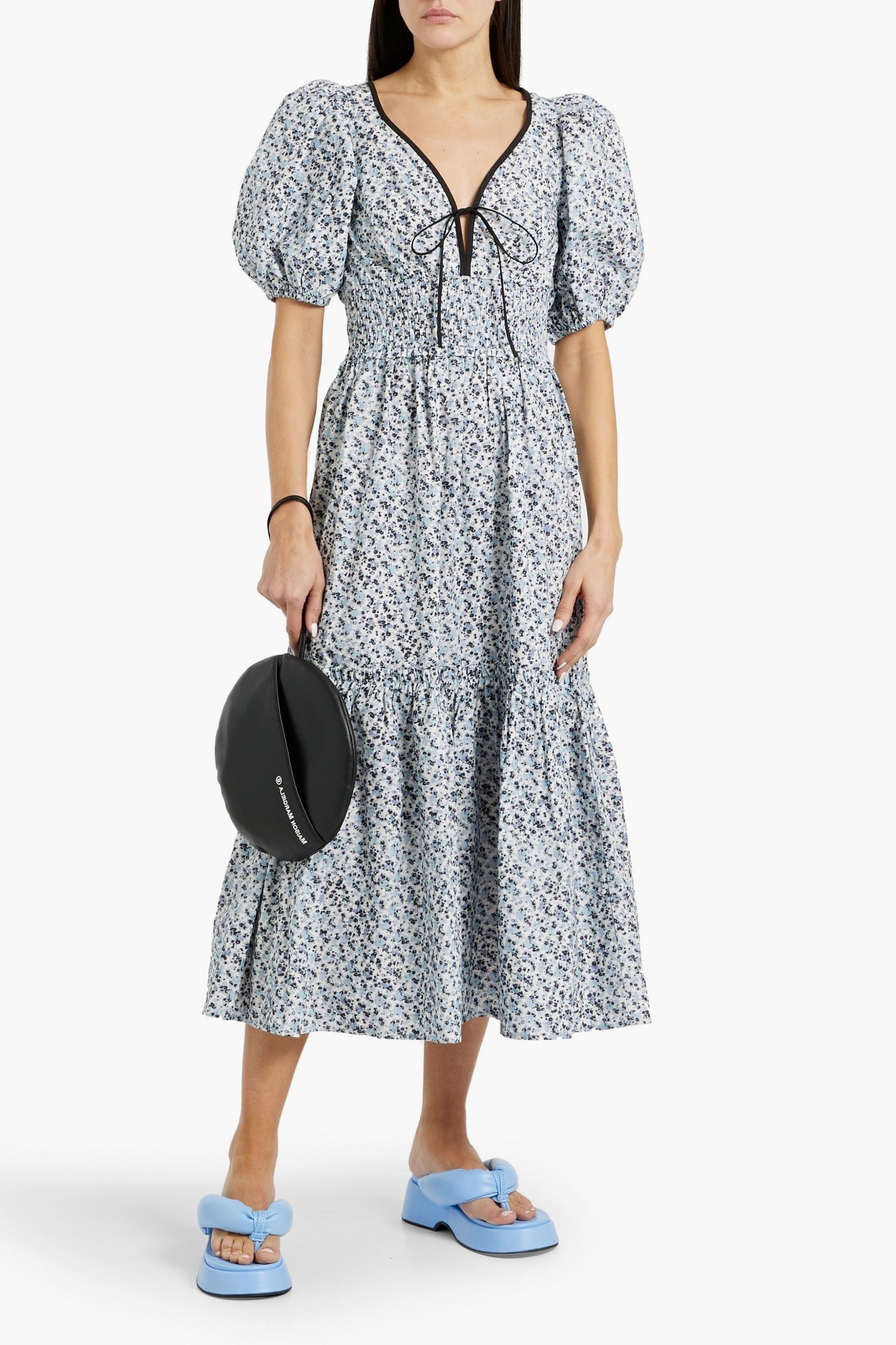 GANNI Shirred printed cotton-poplin midi dress