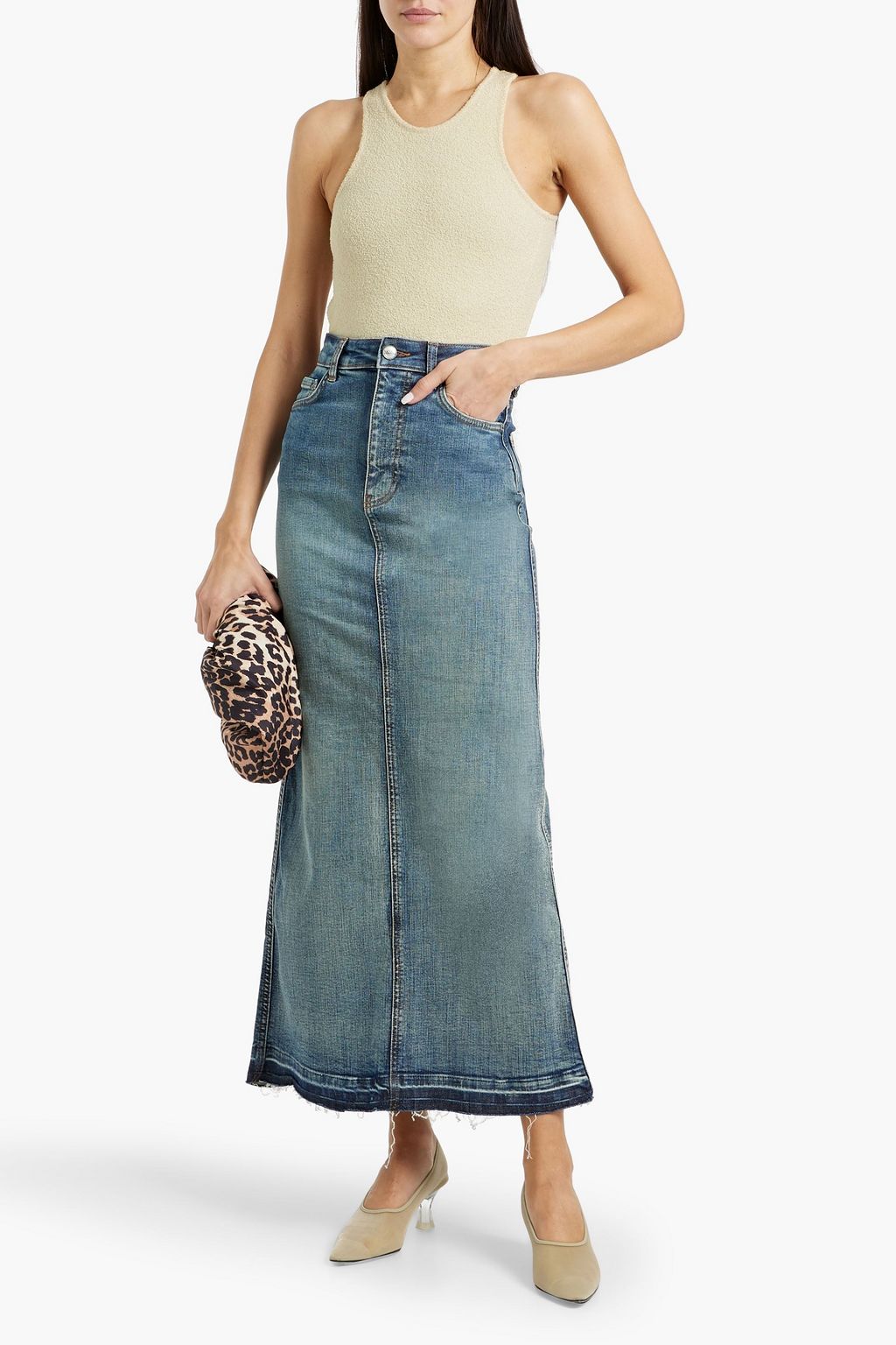 GANNI Frayed denim maxi skirt