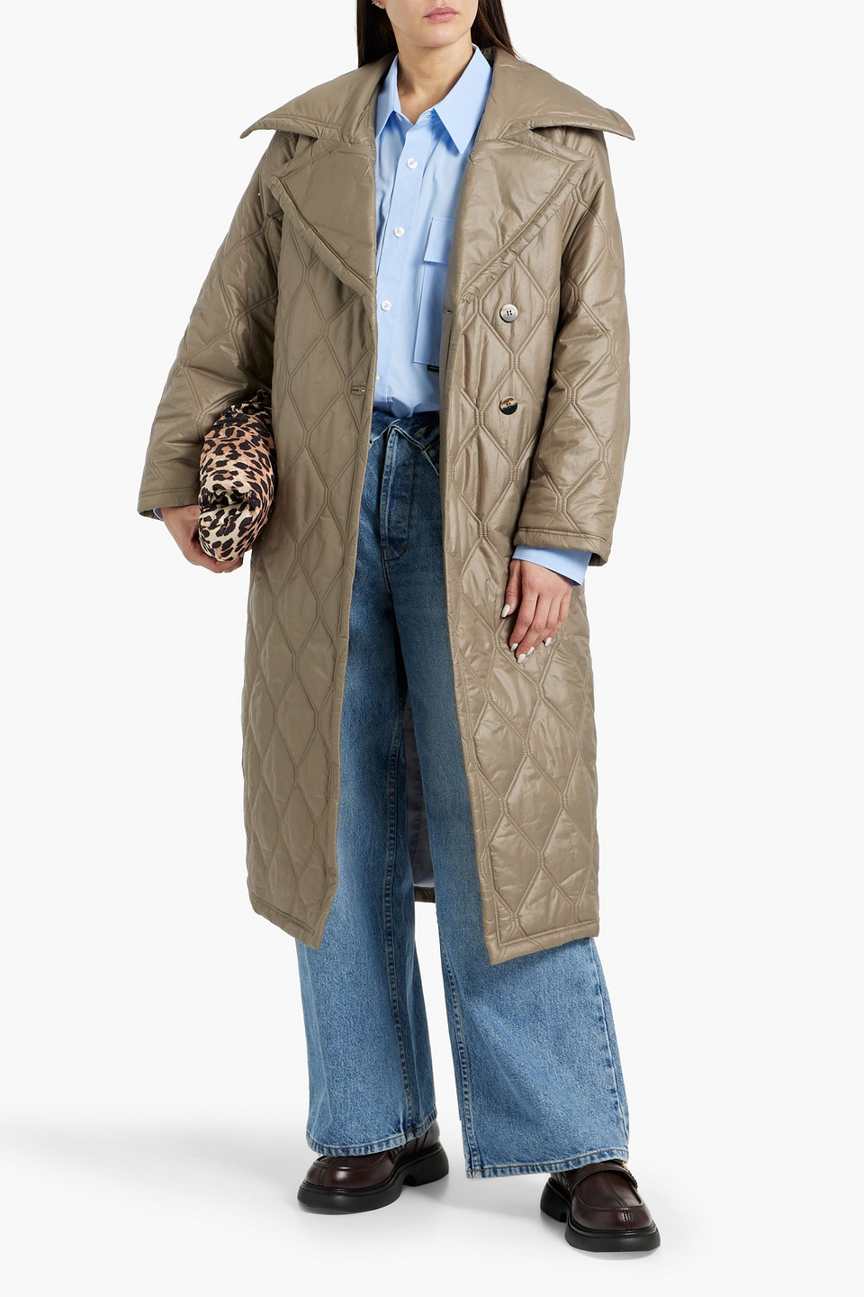 Ganni Quilted Recycled-shell Coat In Sage Green