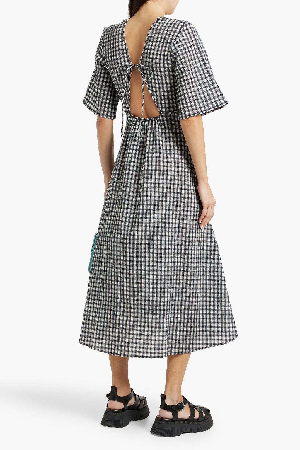 GANNI Cutout gingham seersucker midi dress