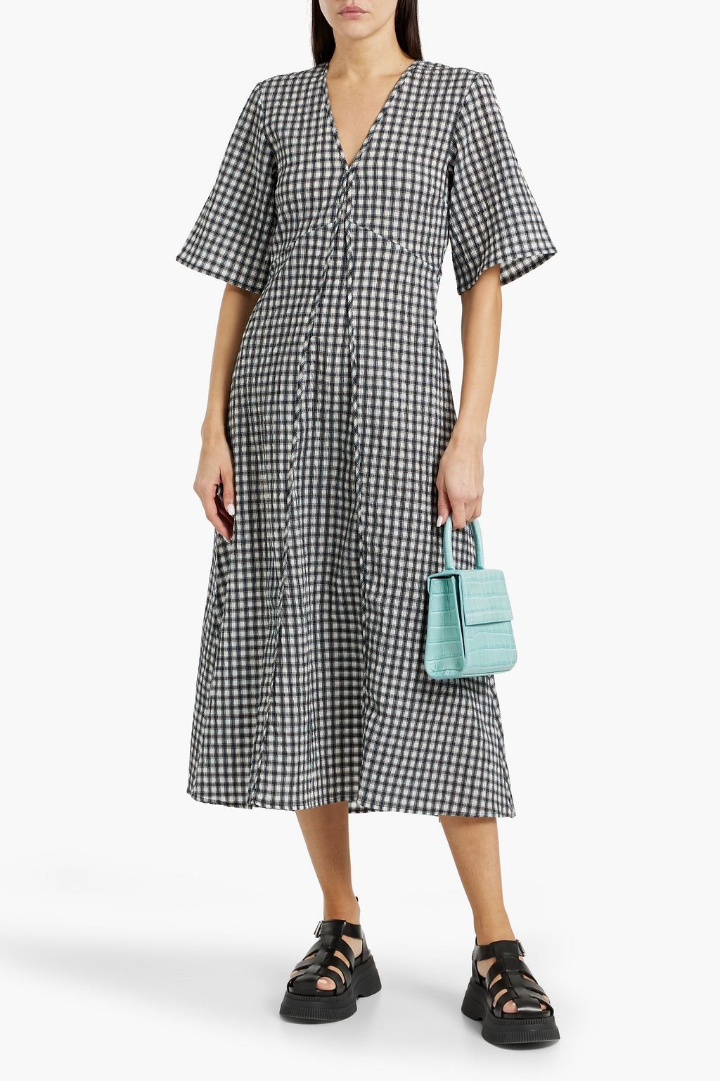 GANNI Cutout gingham seersucker midi dress