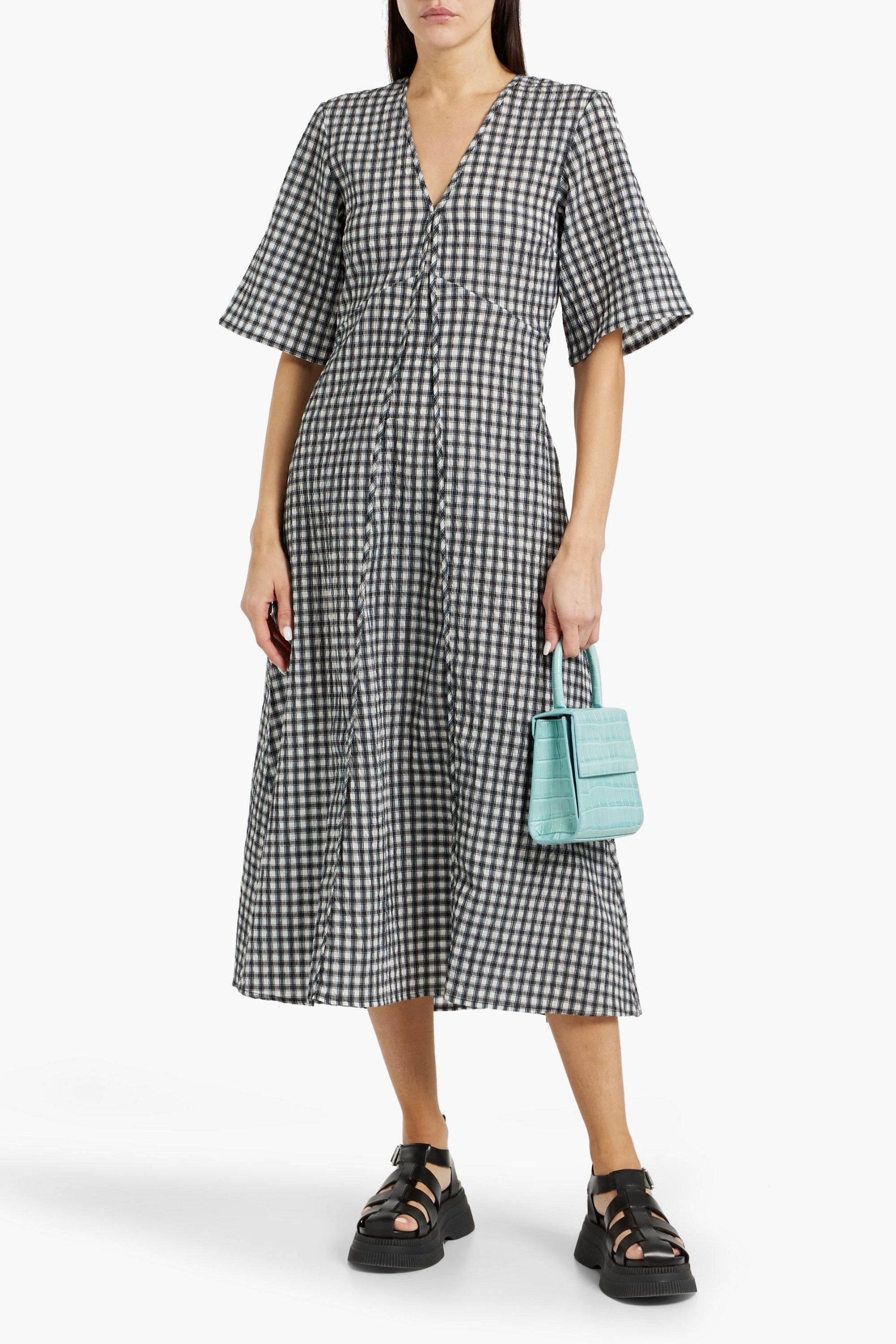 GANNI Cutout gingham seersucker midi dress