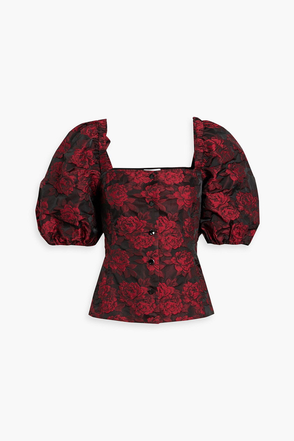 Ganni Botanical-print Short Puff-sleeve Cropped Top In Red